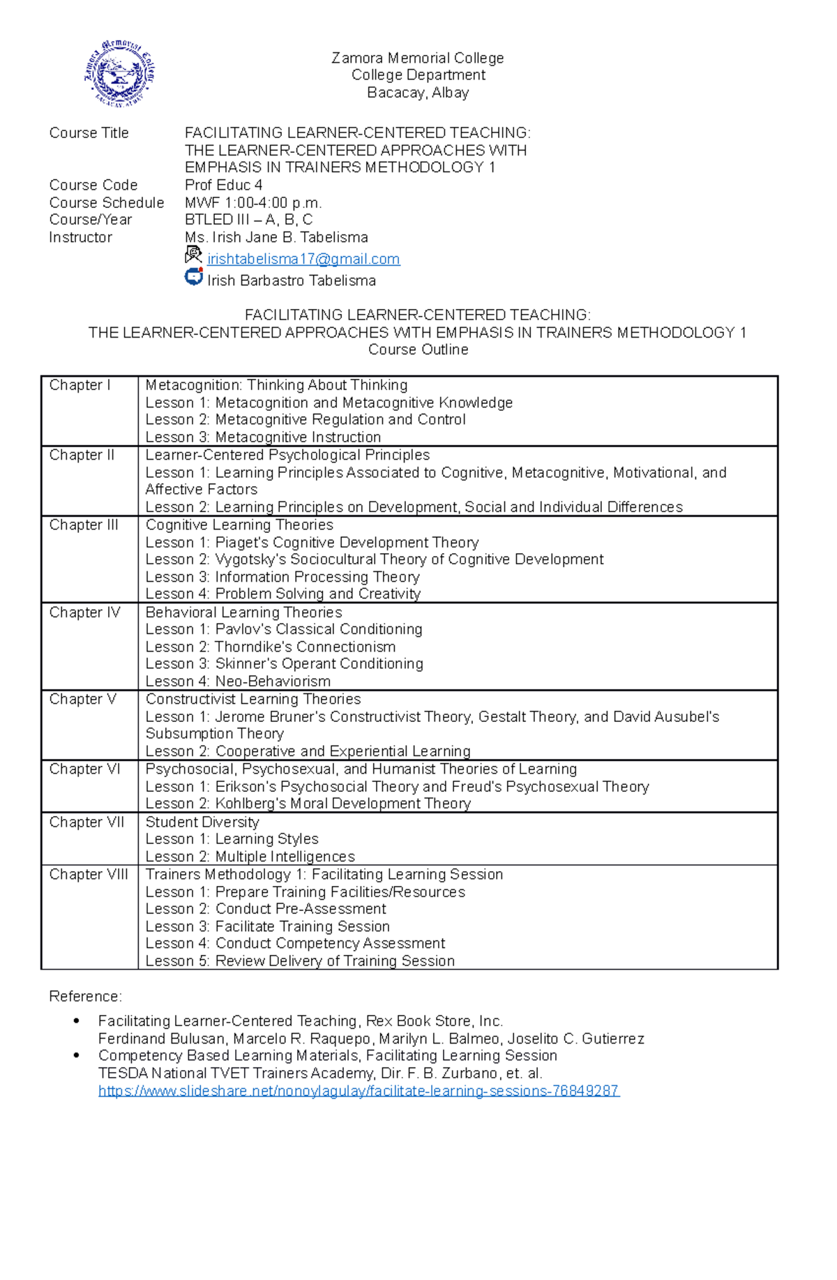 Course Outline - bddbfn - Zamora Memorial College College Department ...