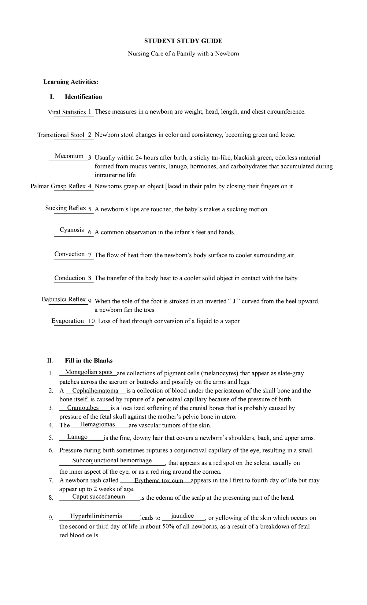 Student Study Guide (Family with a Newborn) - STUDENT STUDY GUIDE ...