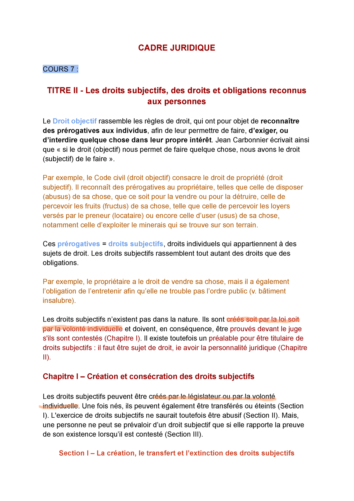 Cadre Juridique 7 - Les Droits Subjectifs - CADRE JURIDIQUE COURS 7 ...