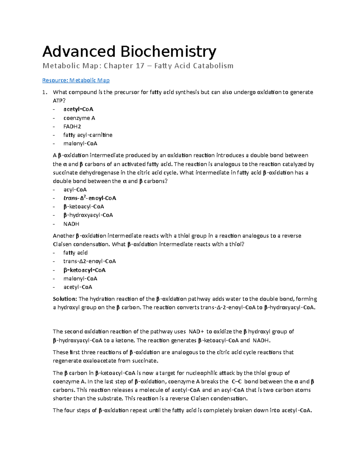 [Sapling] Ch 17 Metabolic Map - Fatty Acid Catabolism - Advanced ...