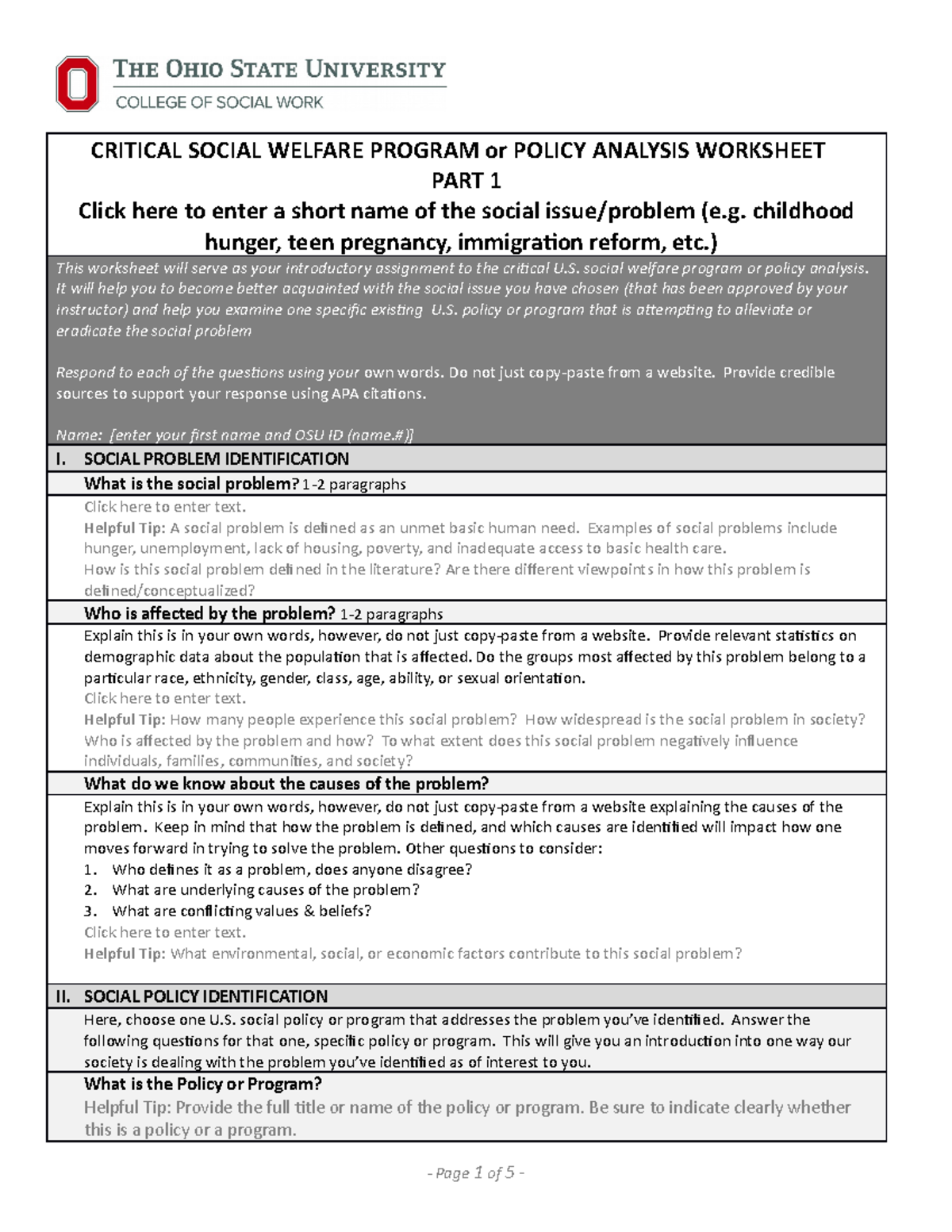 SWK+1120+Social+Policy+Critical+Analysis+Worksheet+Assignment+Part+1 ...