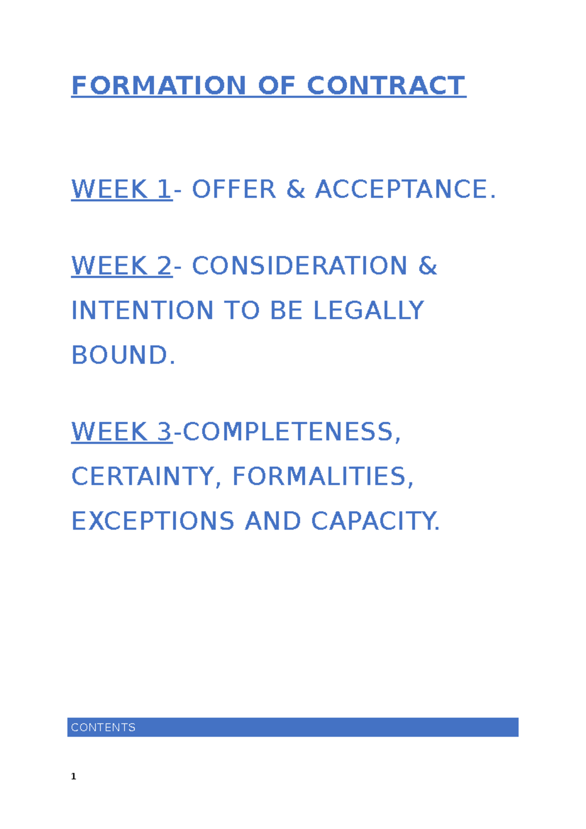 Formation of Contract- Week 1, 2, 3 - FORMATION OF CONTRACT WEEK 1 ...