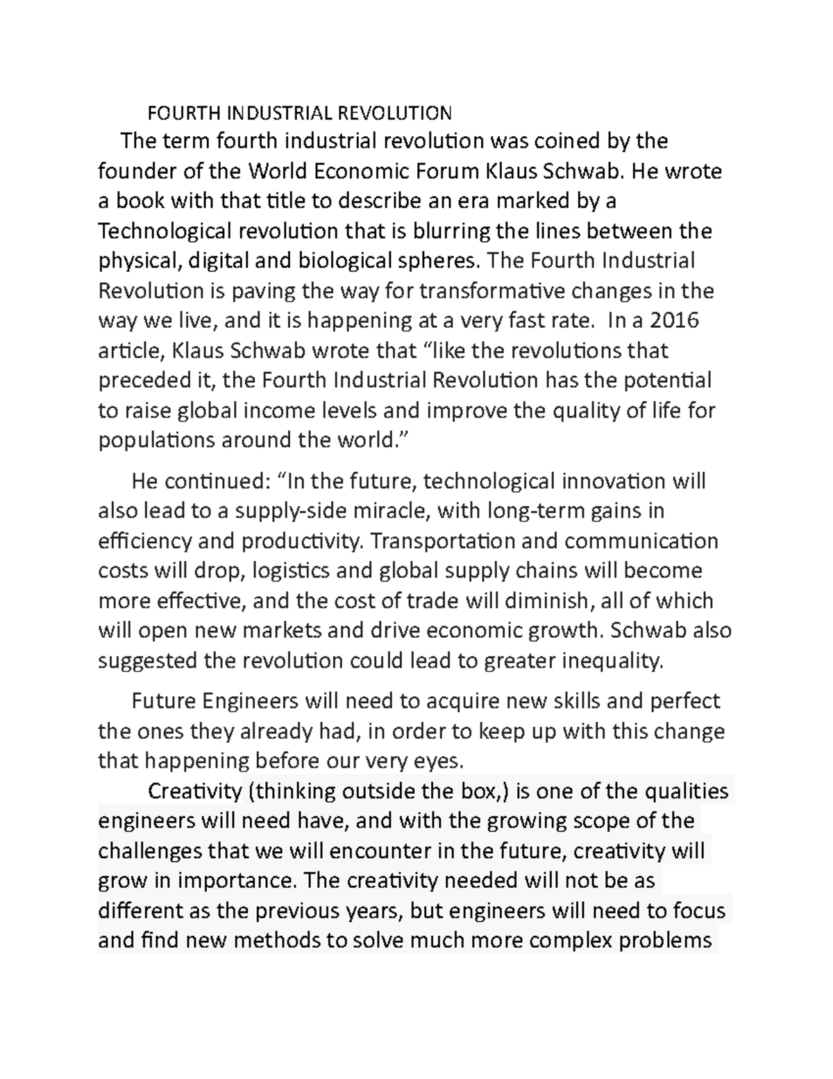 4th industrial revolution essay