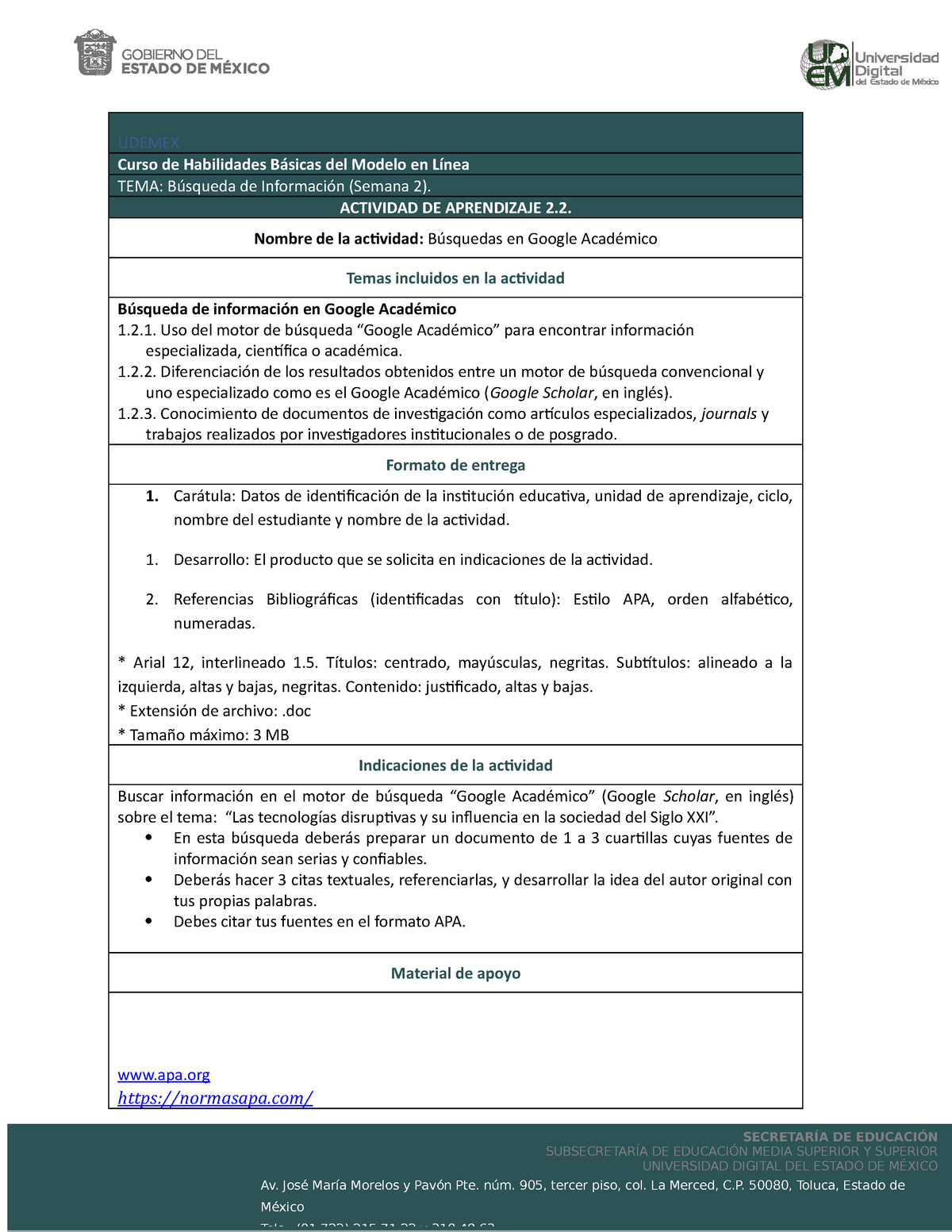 Actividadn 2n2 reto - UDEMEX Curso de Habilidades Básicas del Modelo en  Línea TEMA: Búsqueda de - Studocu