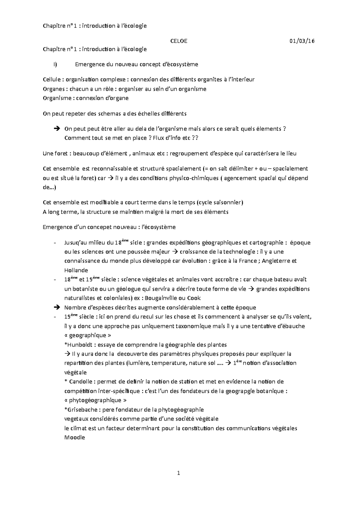 Chapitre N1 Intro A L écologie - CELOE 01/03/ Chapitre N° 1 ...