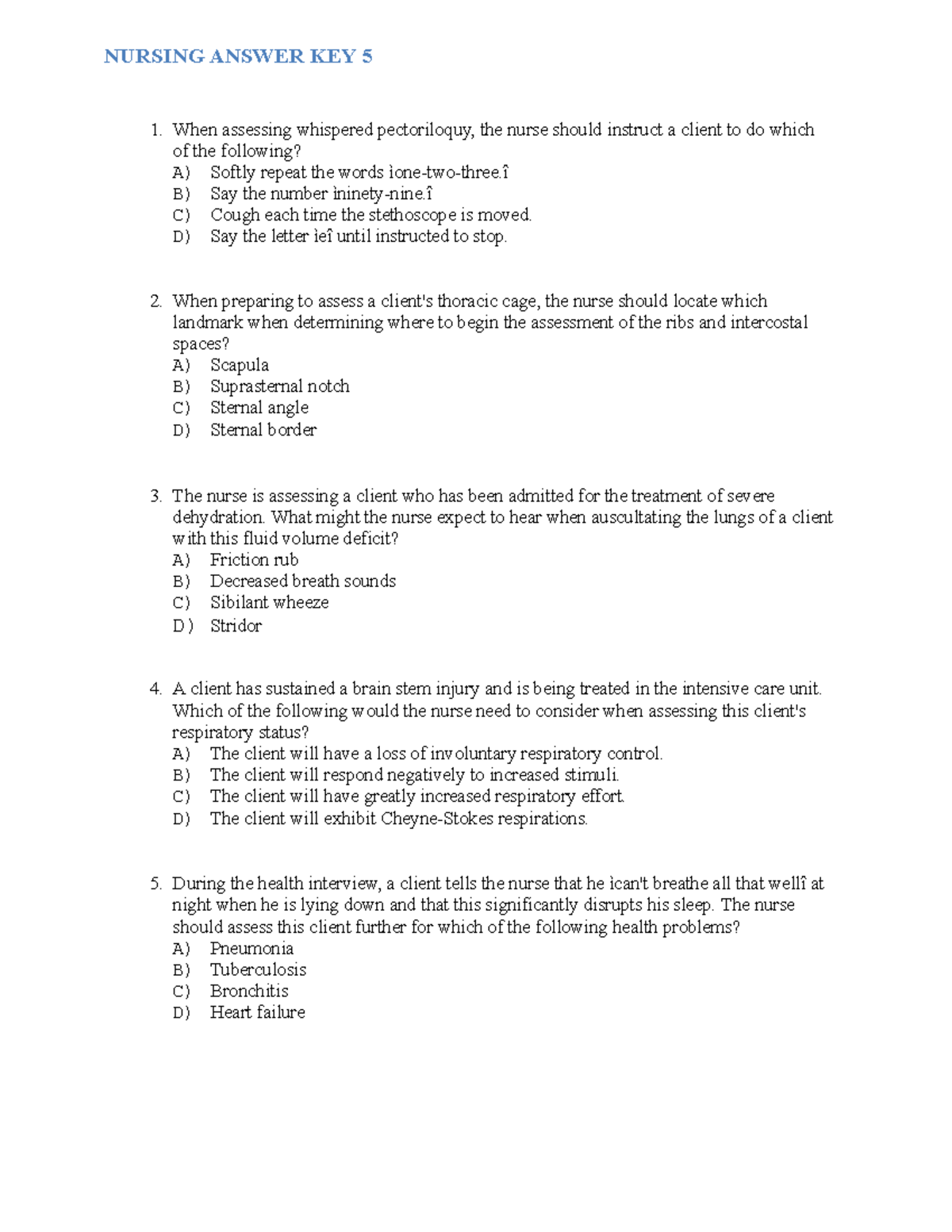 Nursing Answer Key 5 - This would be a big help to all students - BSU ...