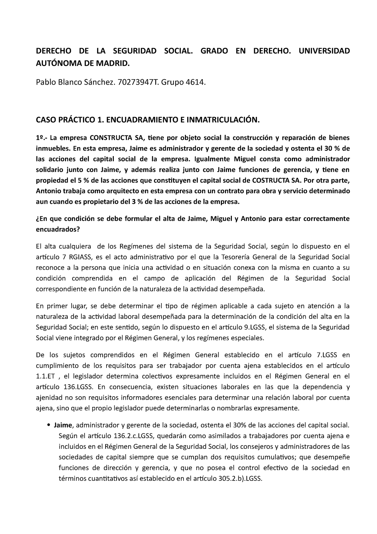 Caso PrÁ Ctico 1º Seminario 1 Derecho De La Seguridad Social Grado En Derecho Universidad 9886