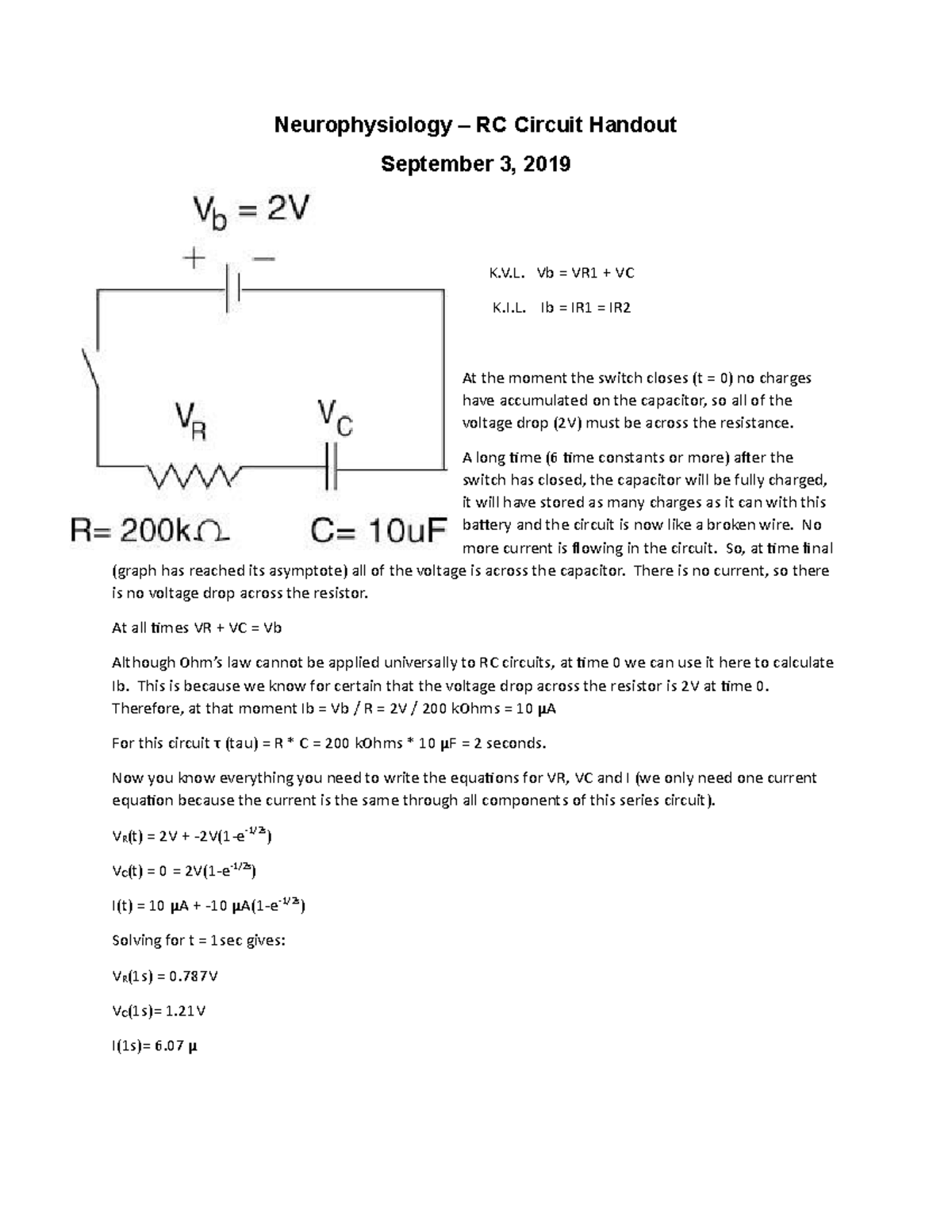 RC series circuit class problem - Neurophysiology – RC Circuit Handout ...
