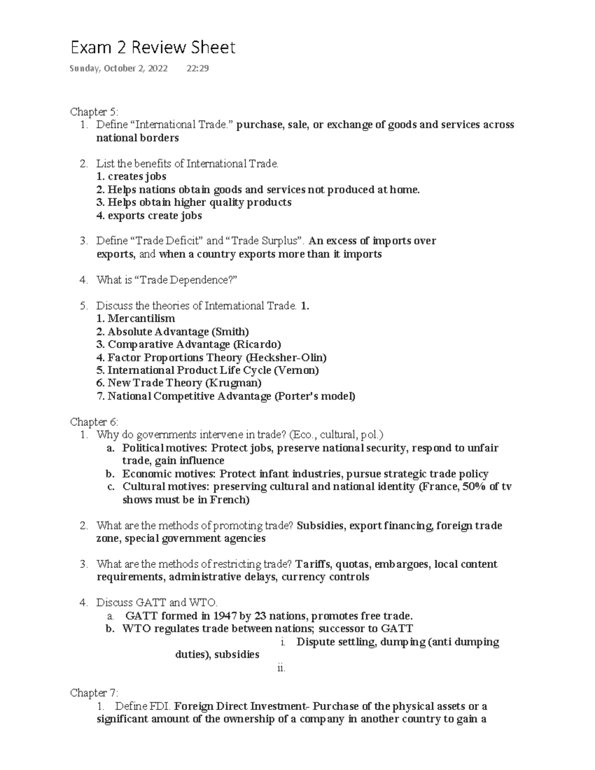 Exam 2 Review Sheet - Chapter 5: Define “International Trade.” purchase ...