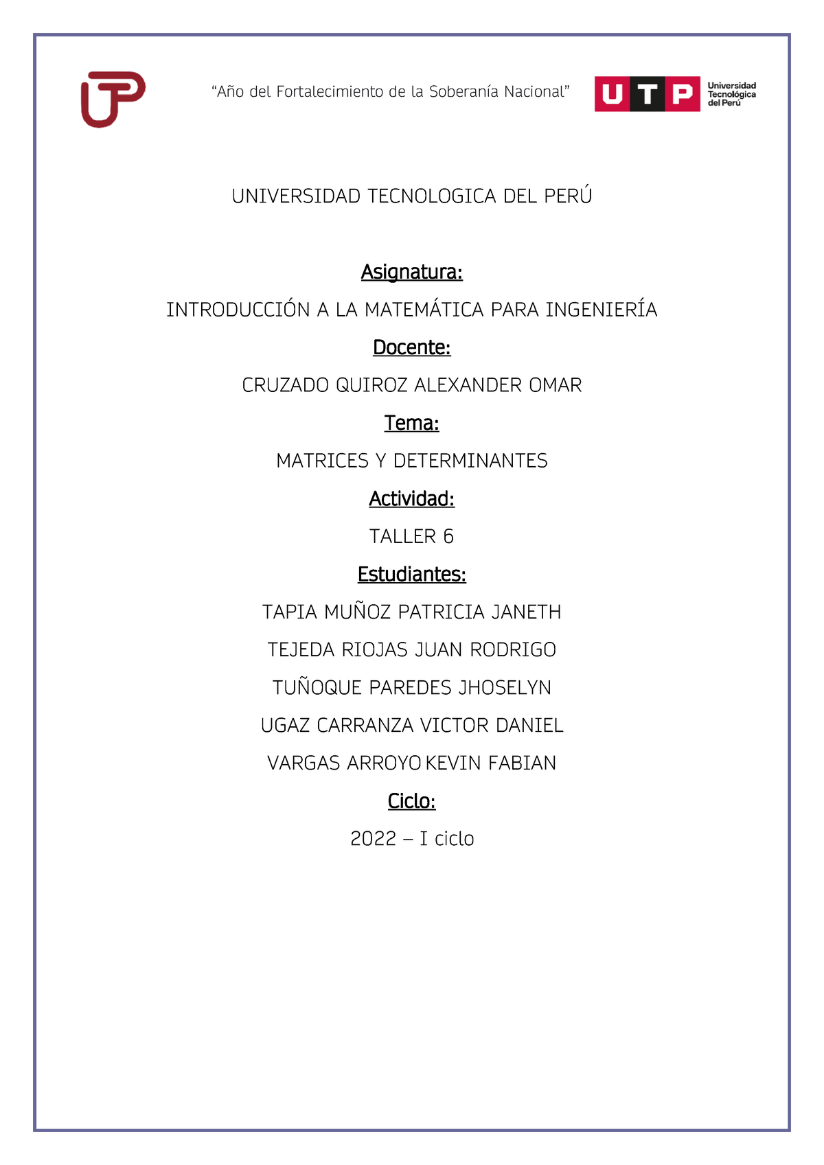 Taller Universidad Tecnologica Del Per Asignatura Introduccin A La Matemtica Para