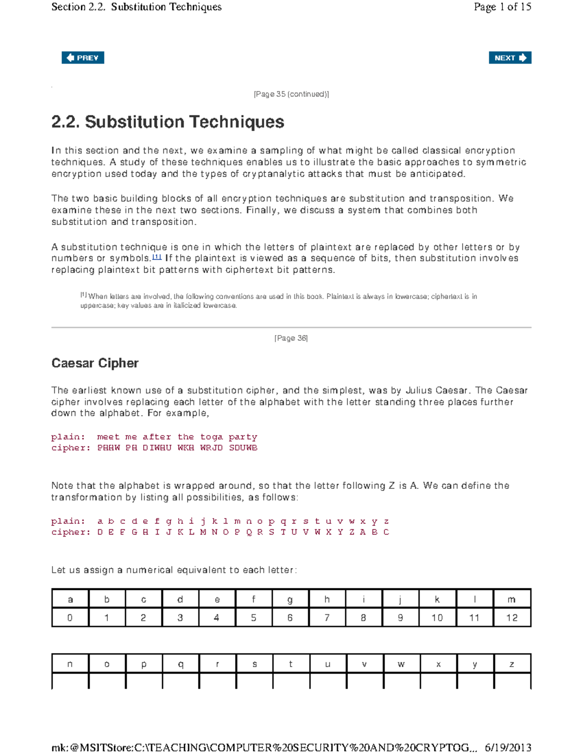 Cryptography intro 2 - [Page 35 (continued)] 2. Substitution Techniques ...
