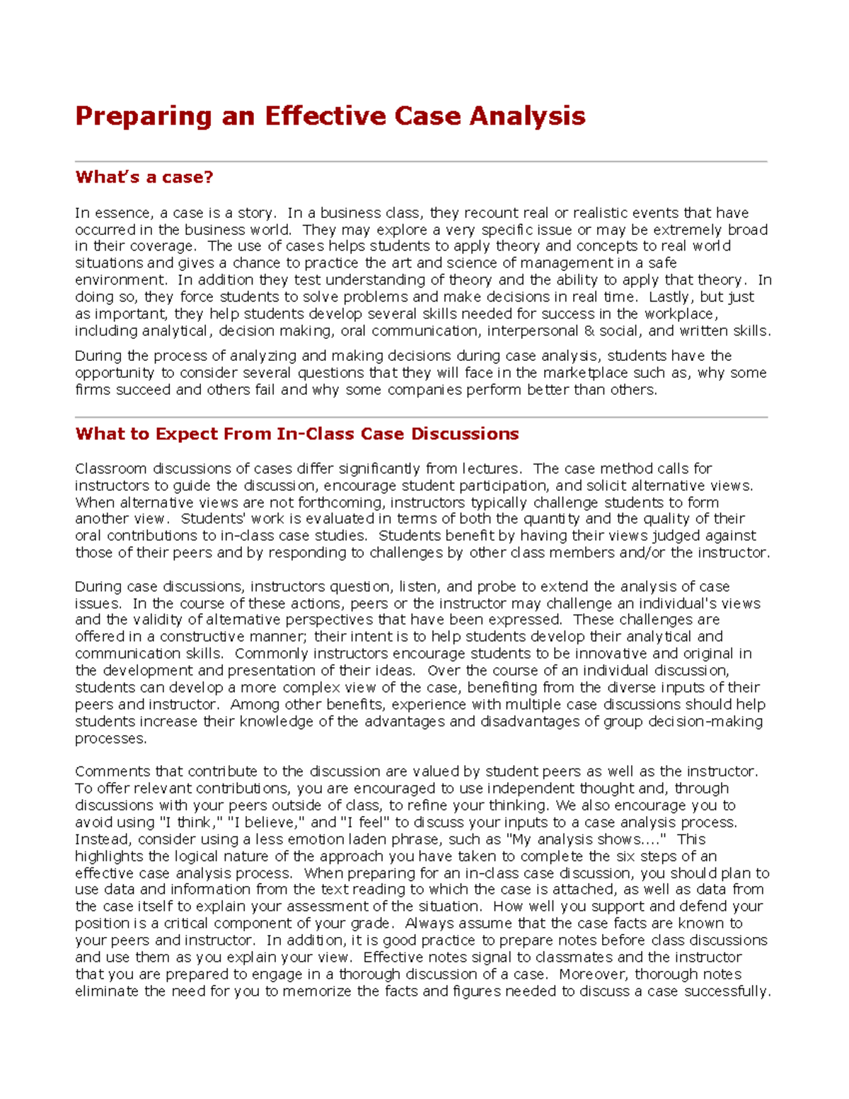 Preparing an Effective Case Analysis Preparing an Effective Case