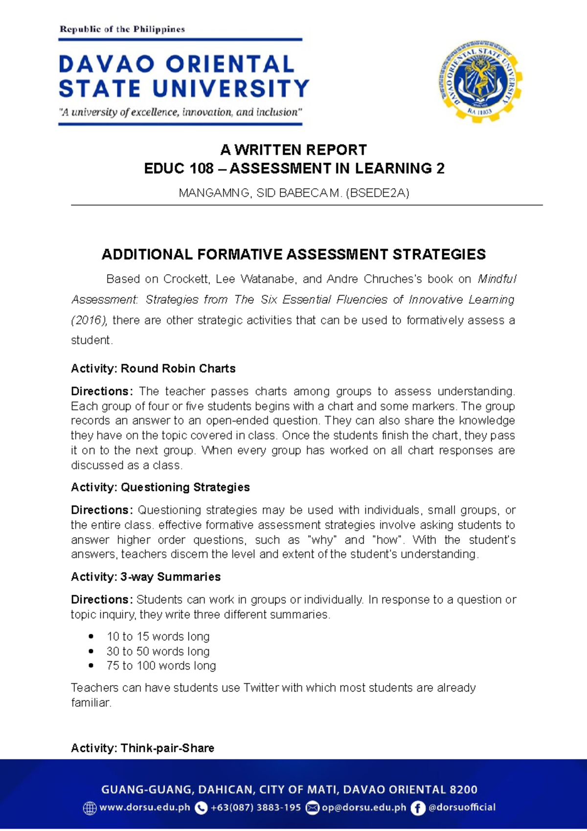 Chapter 9 Additional Formative Assessment Strategies - A WRITTEN REPORT ...