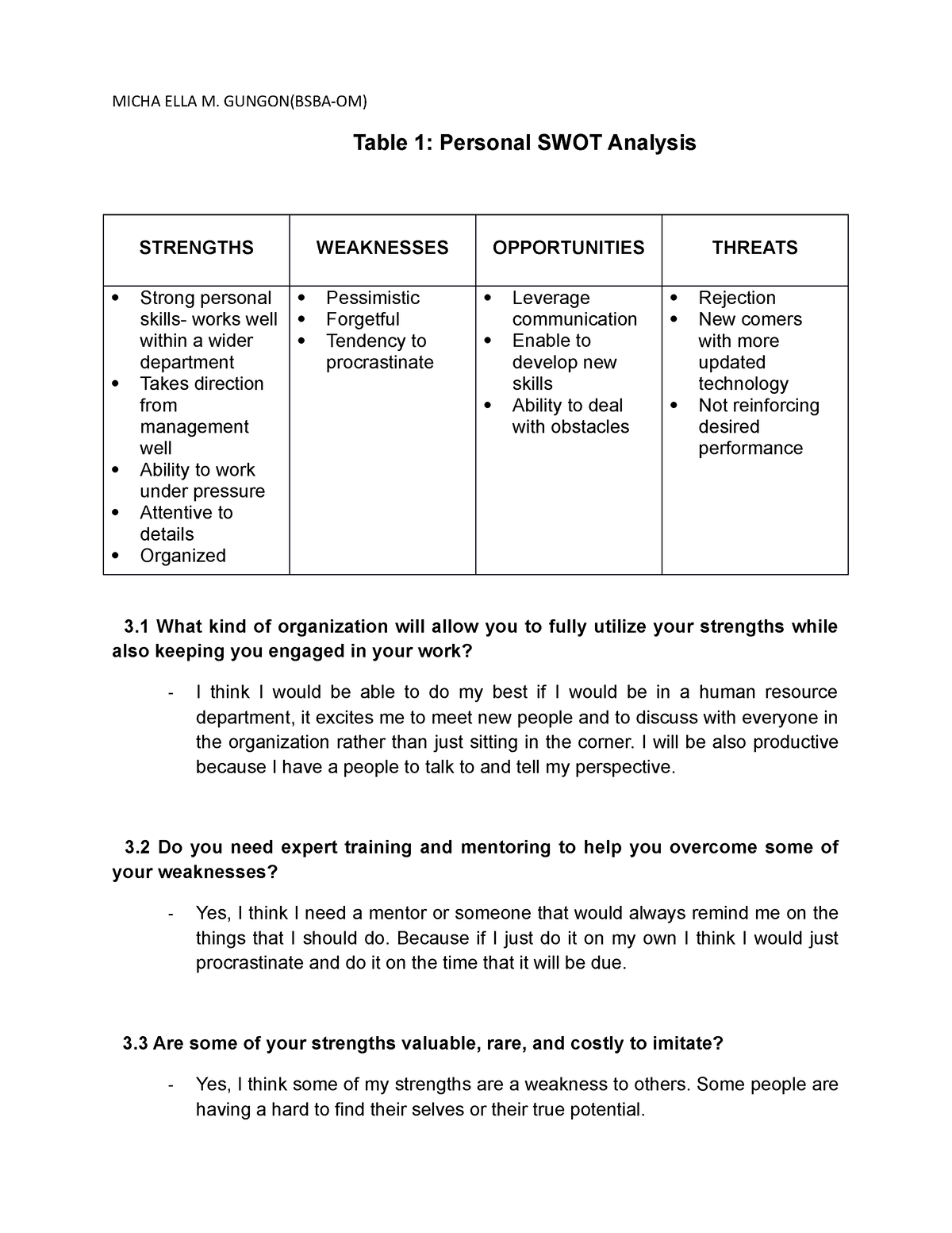 SWOT Analysis - MICHA ELLA M. GUNGON(BSBA-OM) Table 1: Personal SWOT ...