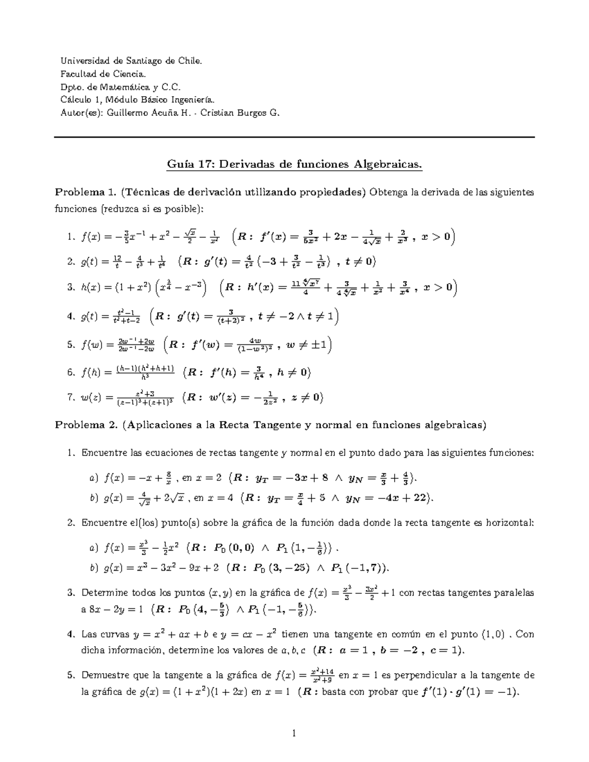 Guia 17 Derivadas De Funciones Algebraicas Aplicaciones Universidad De Santiago Studocu