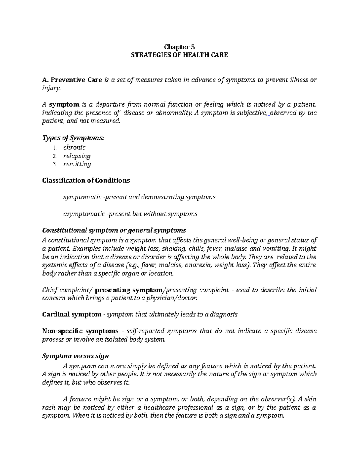 Chapter 5 - Lecture notes 6 - Chapter 5 STRATEGIES OF HEALTH CARE A ...