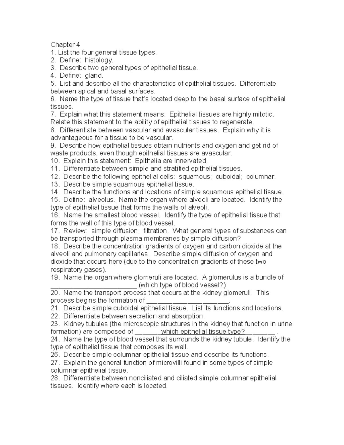 Bio 210 Study guide Chapter 4 - Chapter 4 List the four general tissue ...
