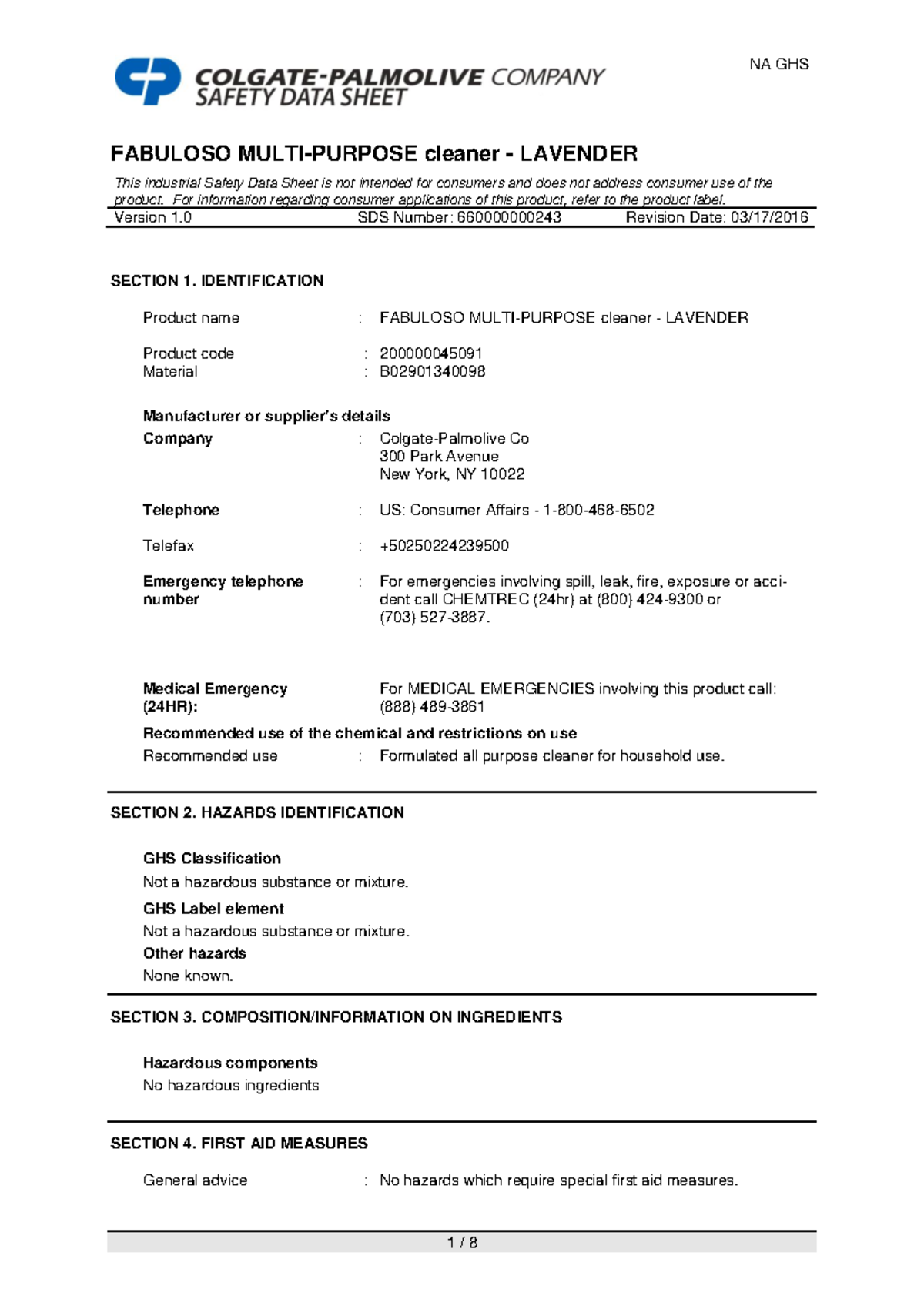 Safety Data Sheet Fabuloso Lavanda FABULOSO MULTIPURPOSE cleaner