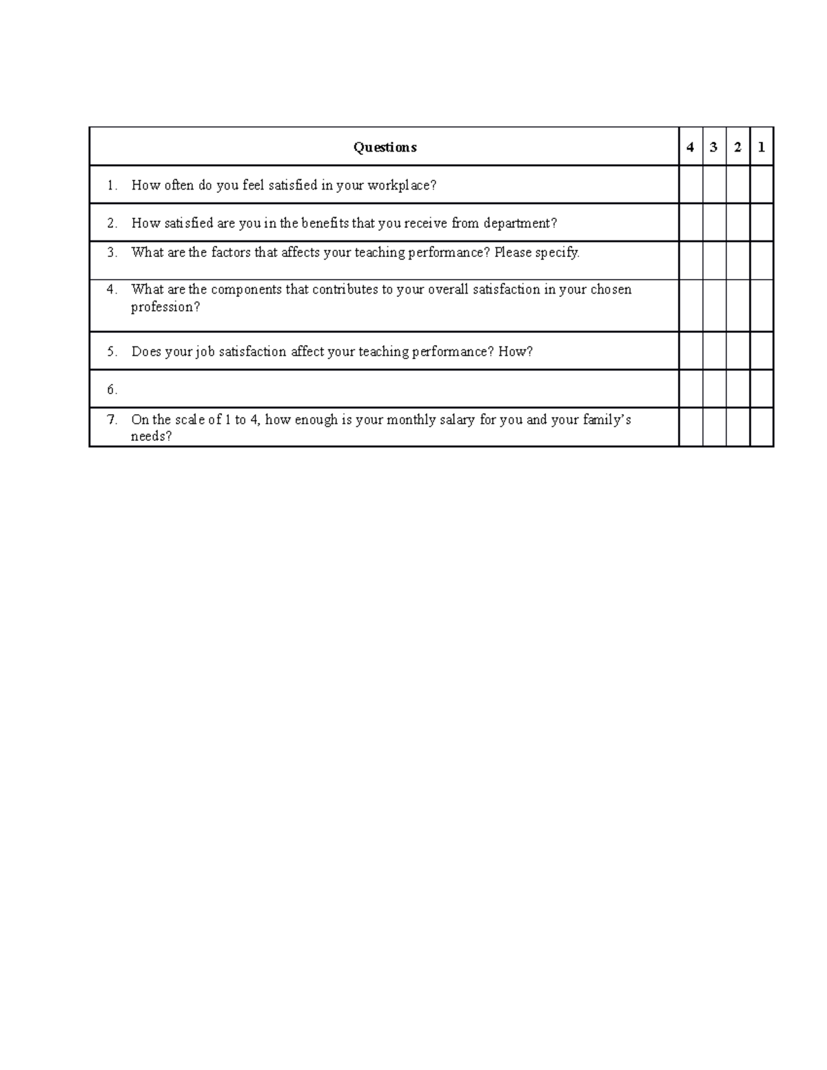 Questionnaire - Questions 4 3 2 1 How often do you feel satisfied in ...