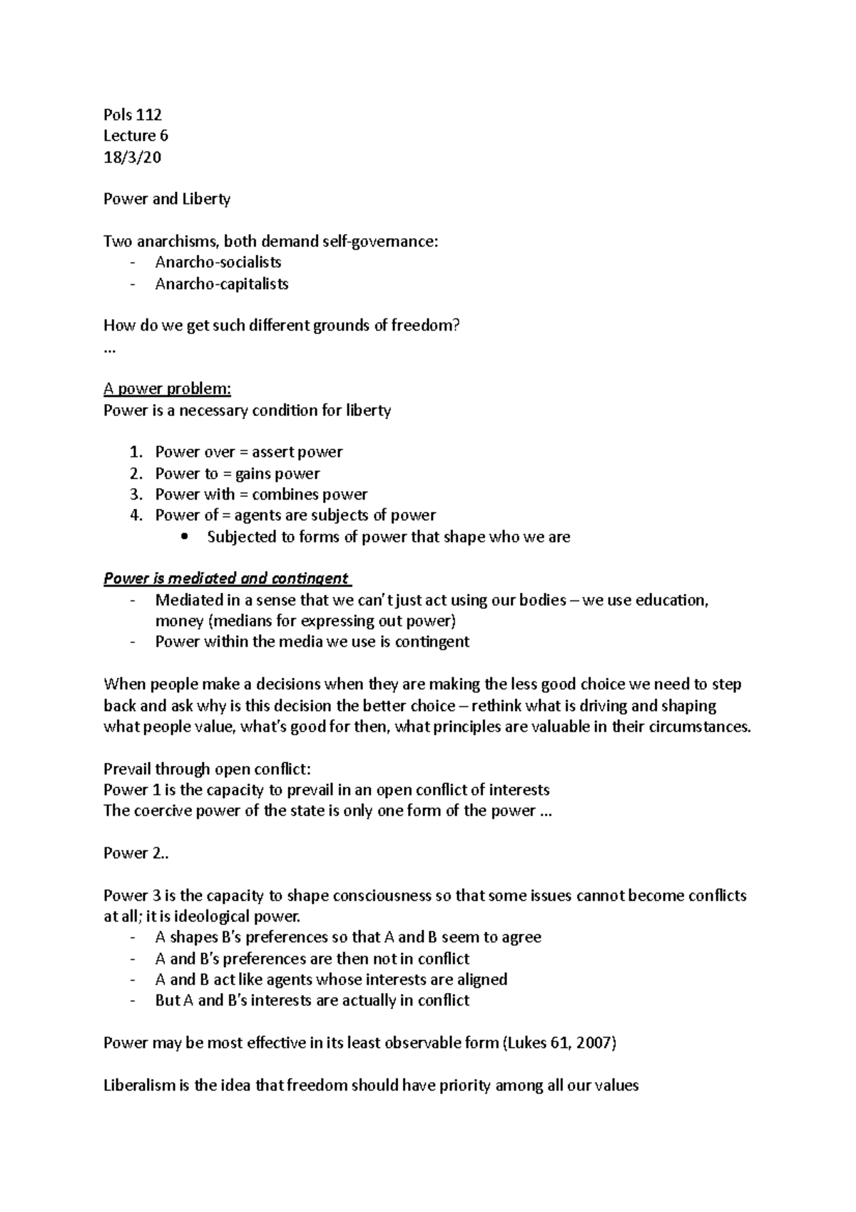 Lecture 6 - Pols 112 Lecture 6 18/3/ Power and Liberty Two anarchisms ...