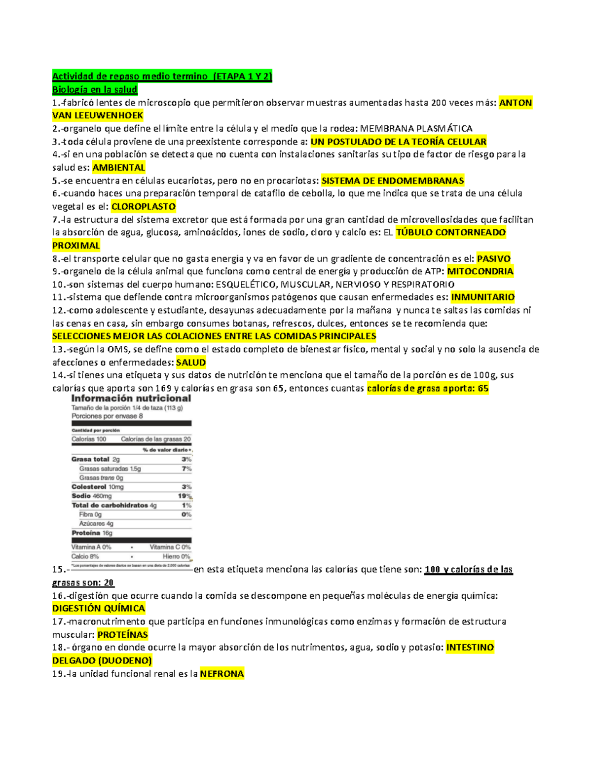 Actividad de repaso medio termino Biologia EN LA Salud - Actividad de ...