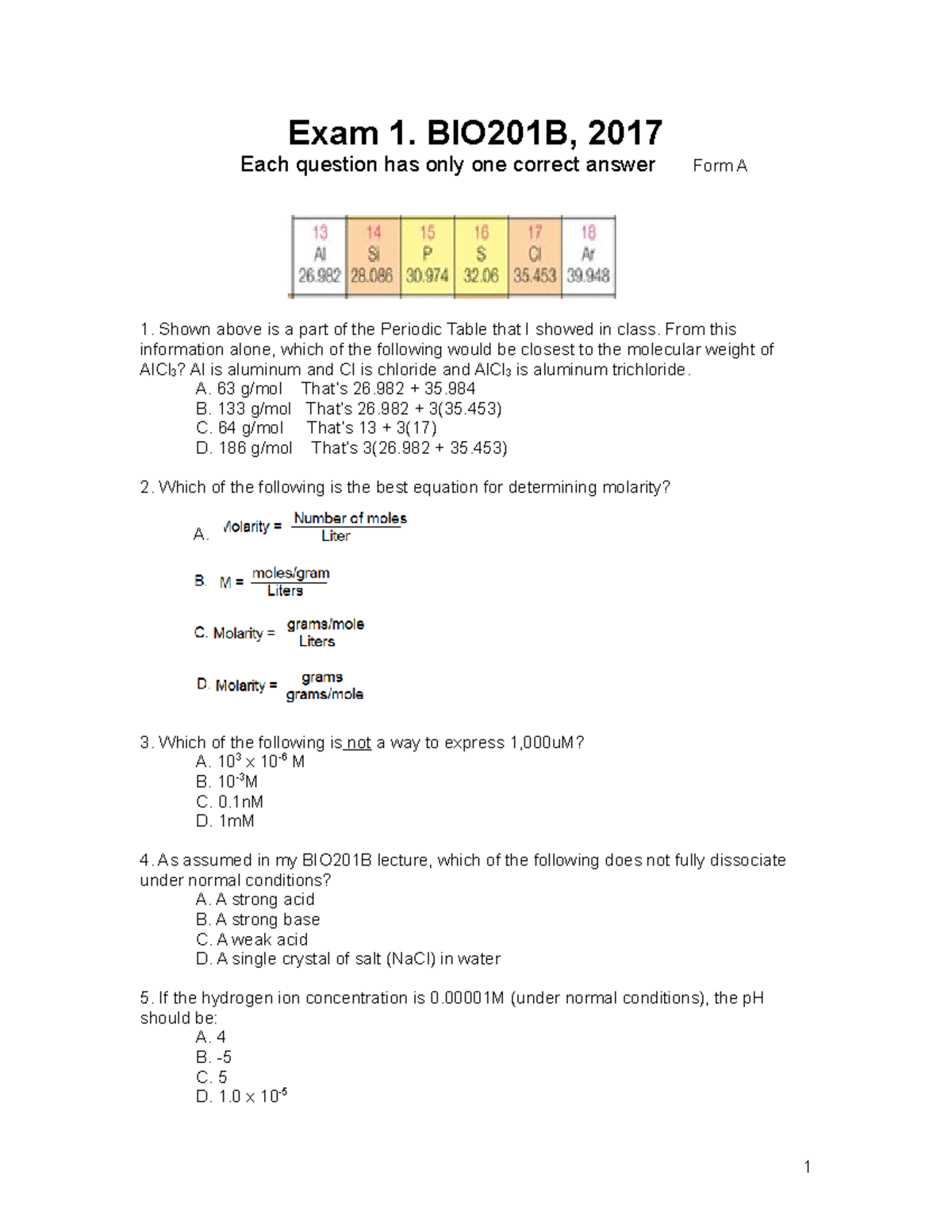 Exam 1. BIO201B, 2017 - Answer Key Is Given - Exam 1. BIO201B, 2017 ...