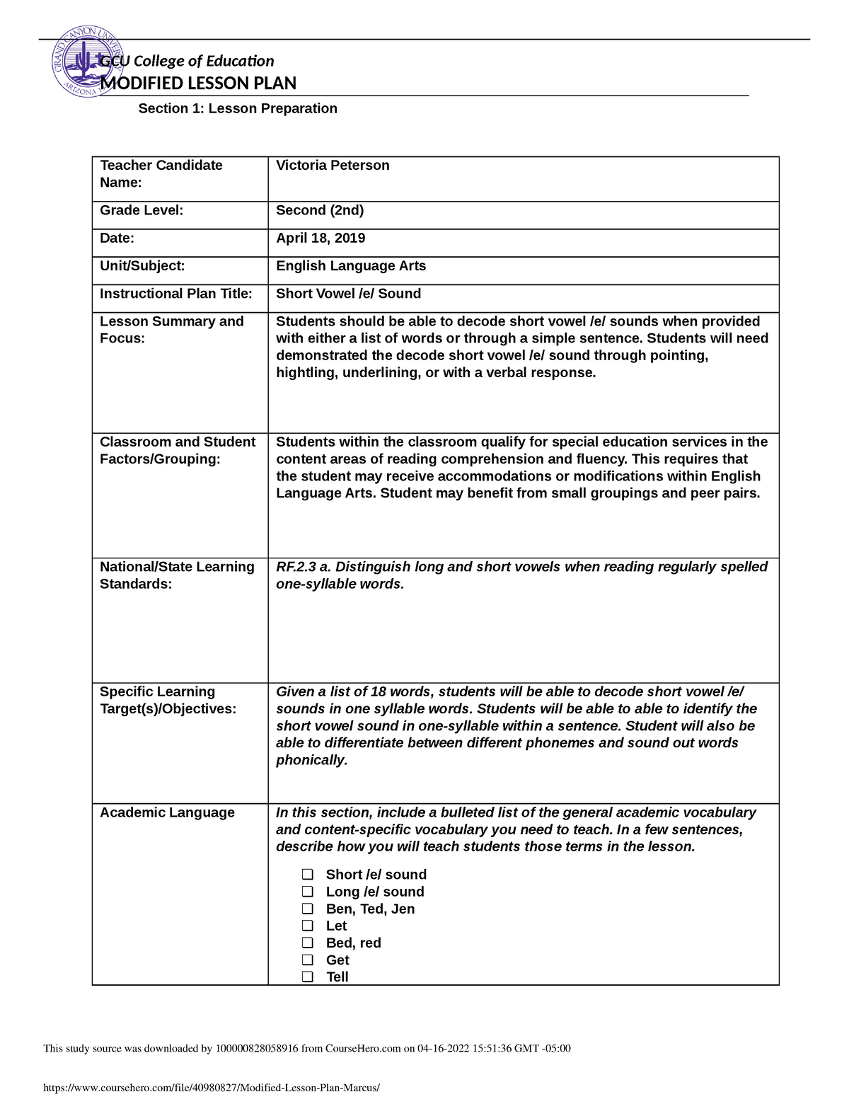 Modified Lesson Plan Marcus - MODIFIED LESSON PLAN Section 1: Lesson ...
