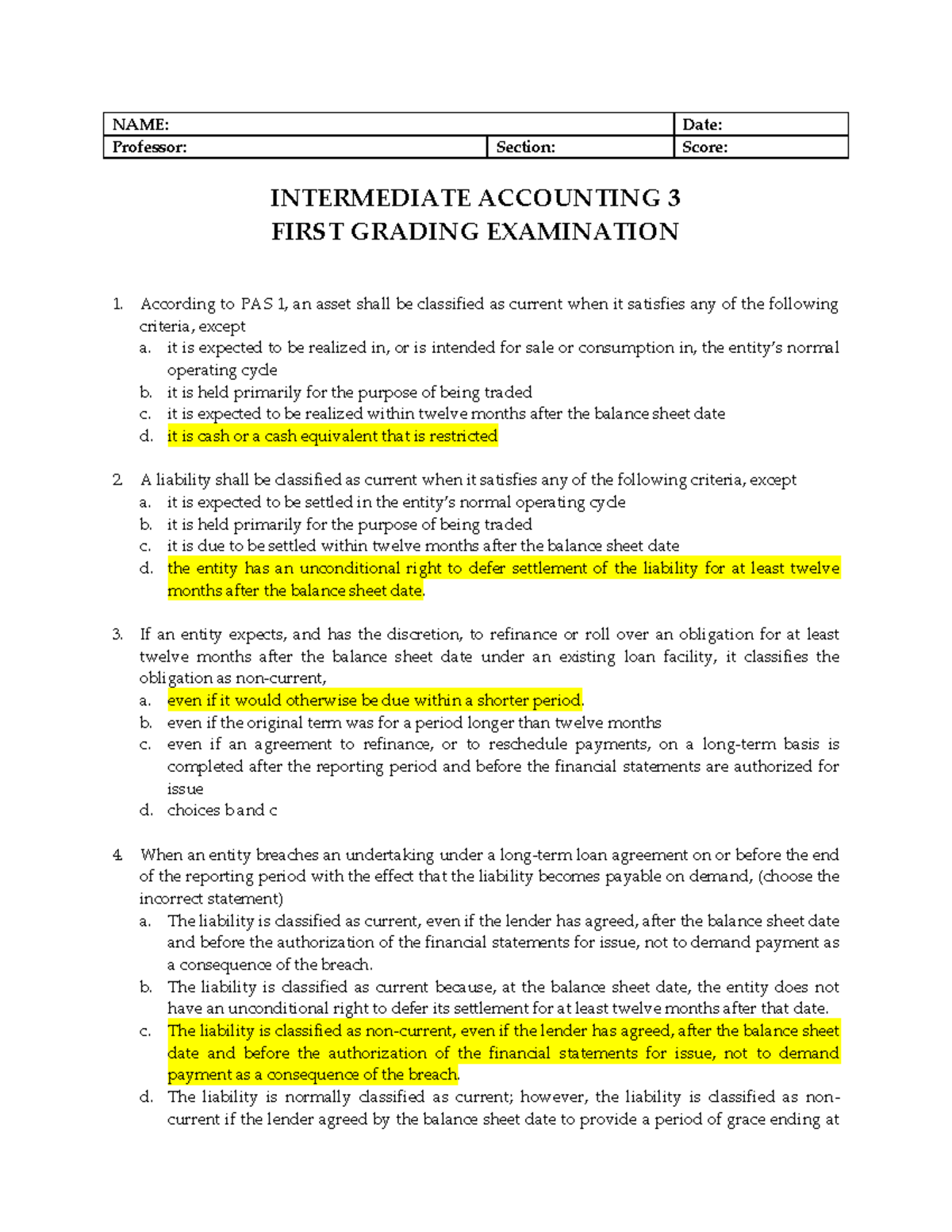 Practice Test For Intermediate Accounting 3 - NAME: Date: Professor ...