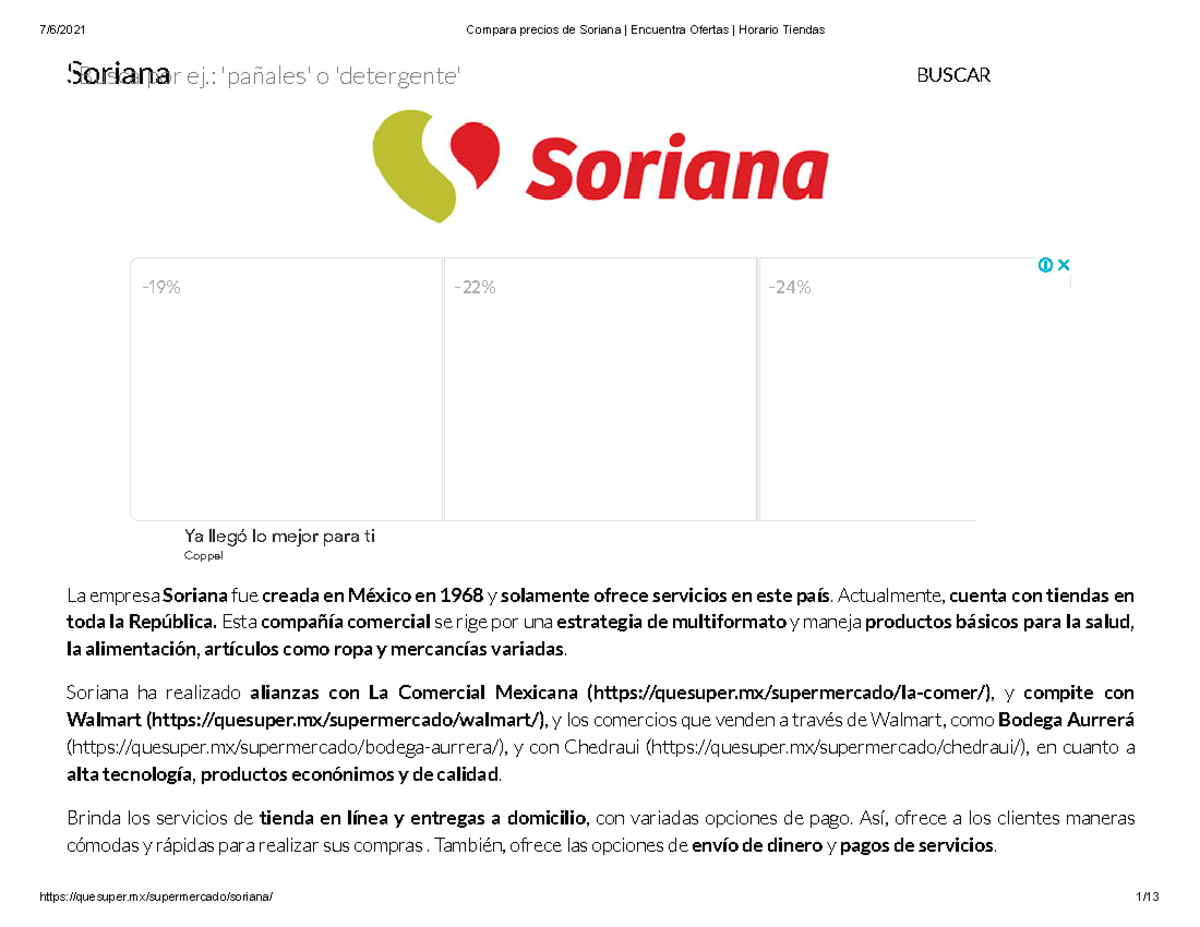 Compara precios de Soriana Encuentra Ofertas Horario Tiendas - Soriana La  empresa Soriana fue - StuDocu
