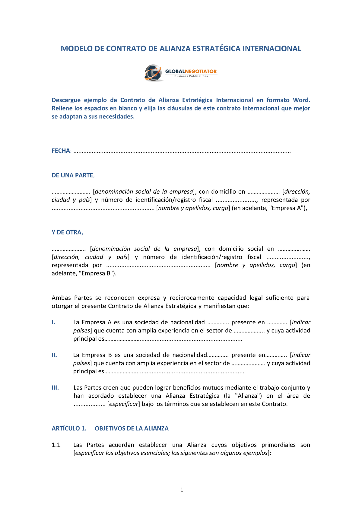 Modelo Alianza Comercial - MODELO DE CONTRATO DE ALIANZA ESTRATÉGICA  INTERNACIONAL Descargue ejemplo - Studocu