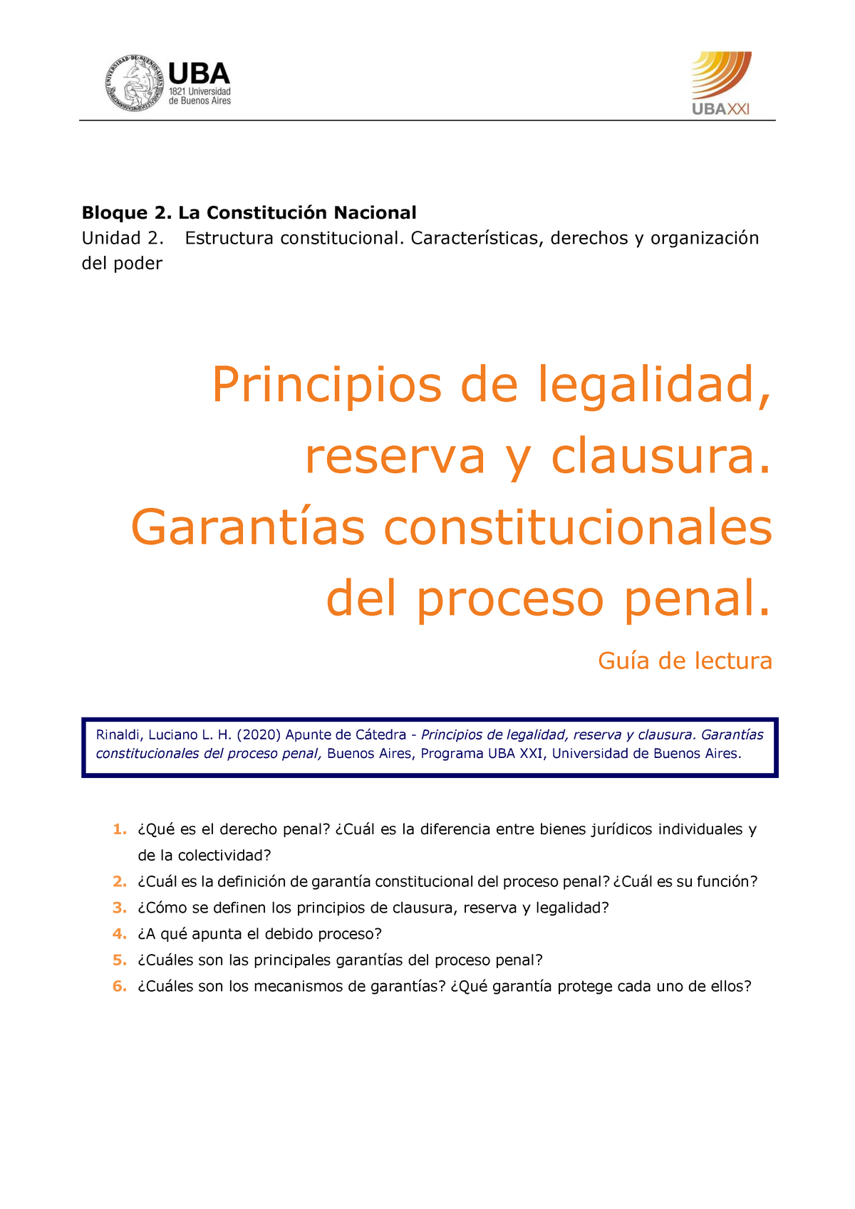 Guía De Lectura Principios De Legalidad, Reserva Y Clausura Apunte De ...