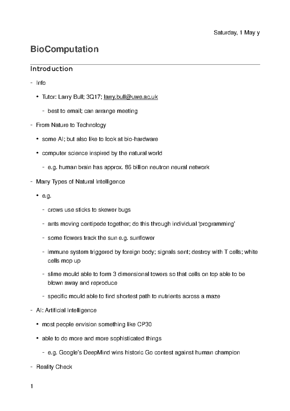 Computing Robotics 20 - Lecture notes 1 - BioComputation Introduction ...