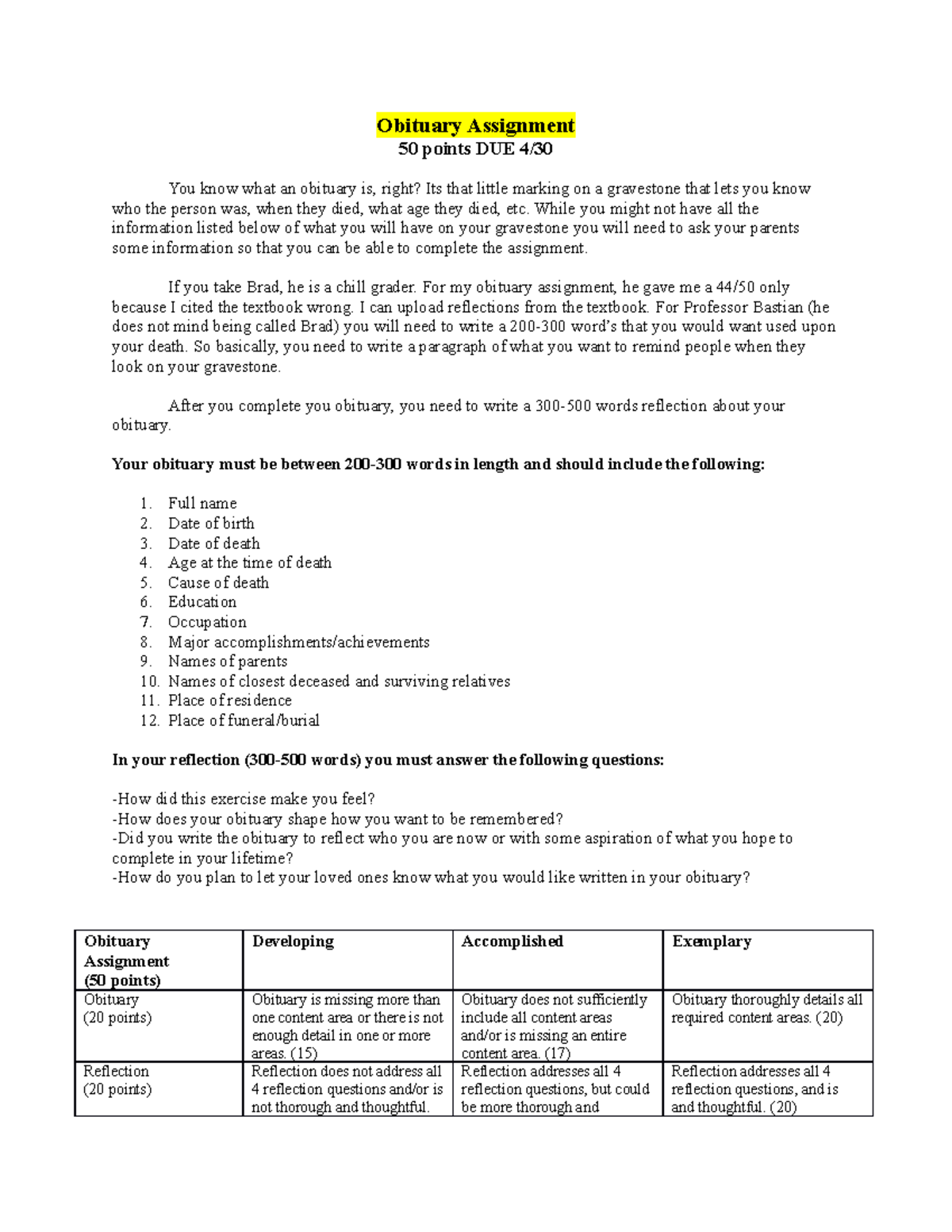 obituary assignment rubric