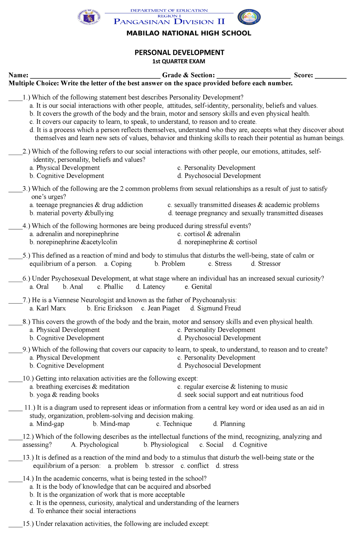 1st-quarter-exam-PD-2022-question-tos-and-key answer - MABILAO NATIONAL ...