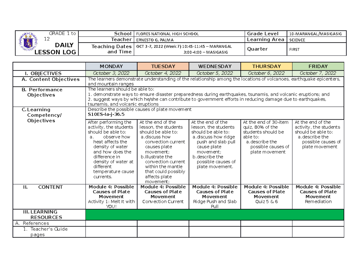 Q1 SCI10 WEEK 7 - DLL - GRADE 1 To 12 DAILY LESSON LOG School FLORES ...