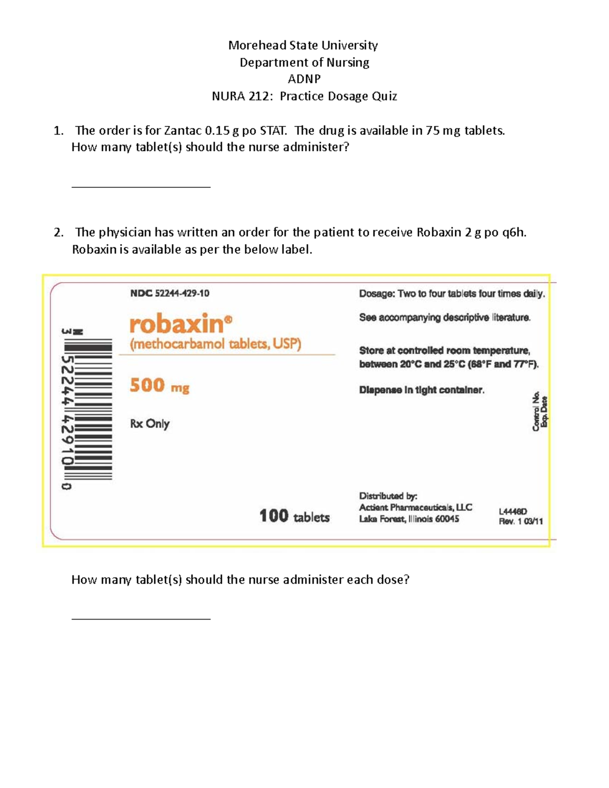 NURA 212 Practice Dosage Quiz - Morehead State University Department Of ...