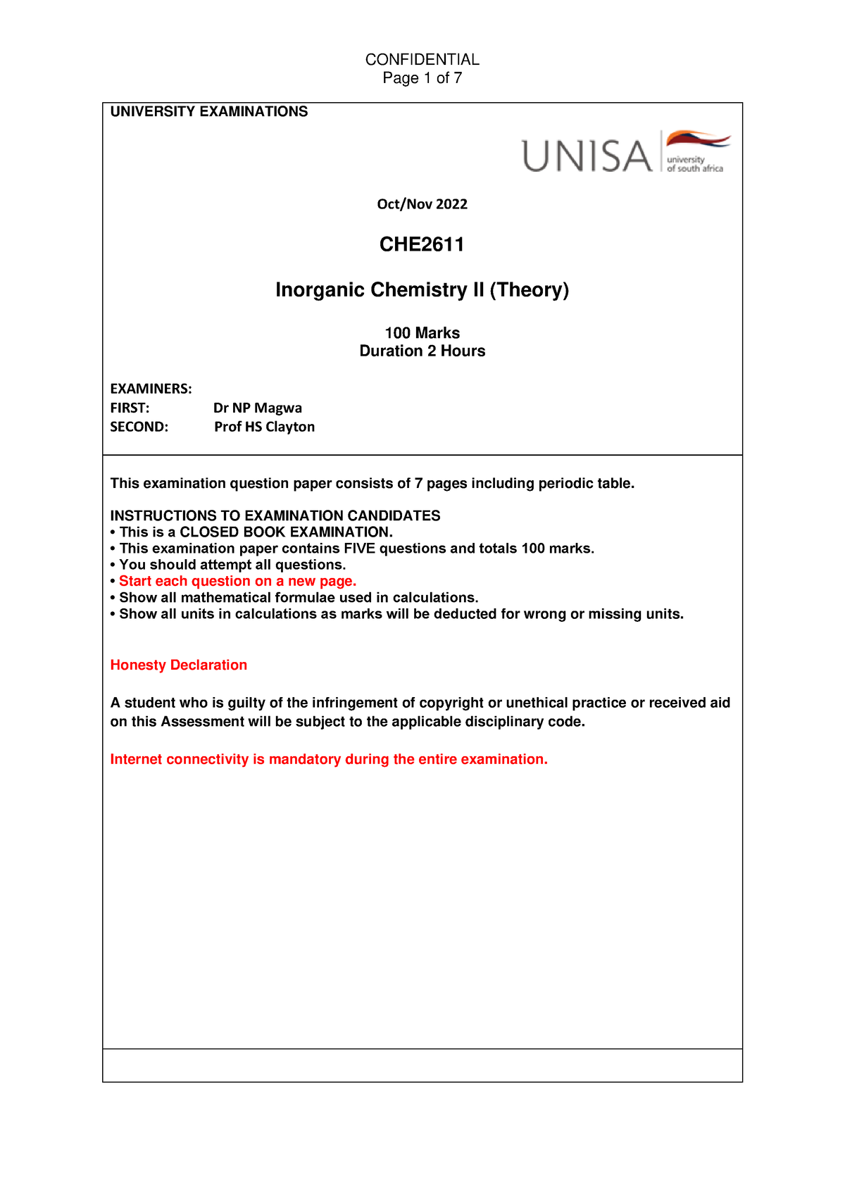 CHE2611 Exam Oct Nov 2022 - Page 1 Of 7 UNIVERSITY EXAMINATIONS Oct/Nov ...