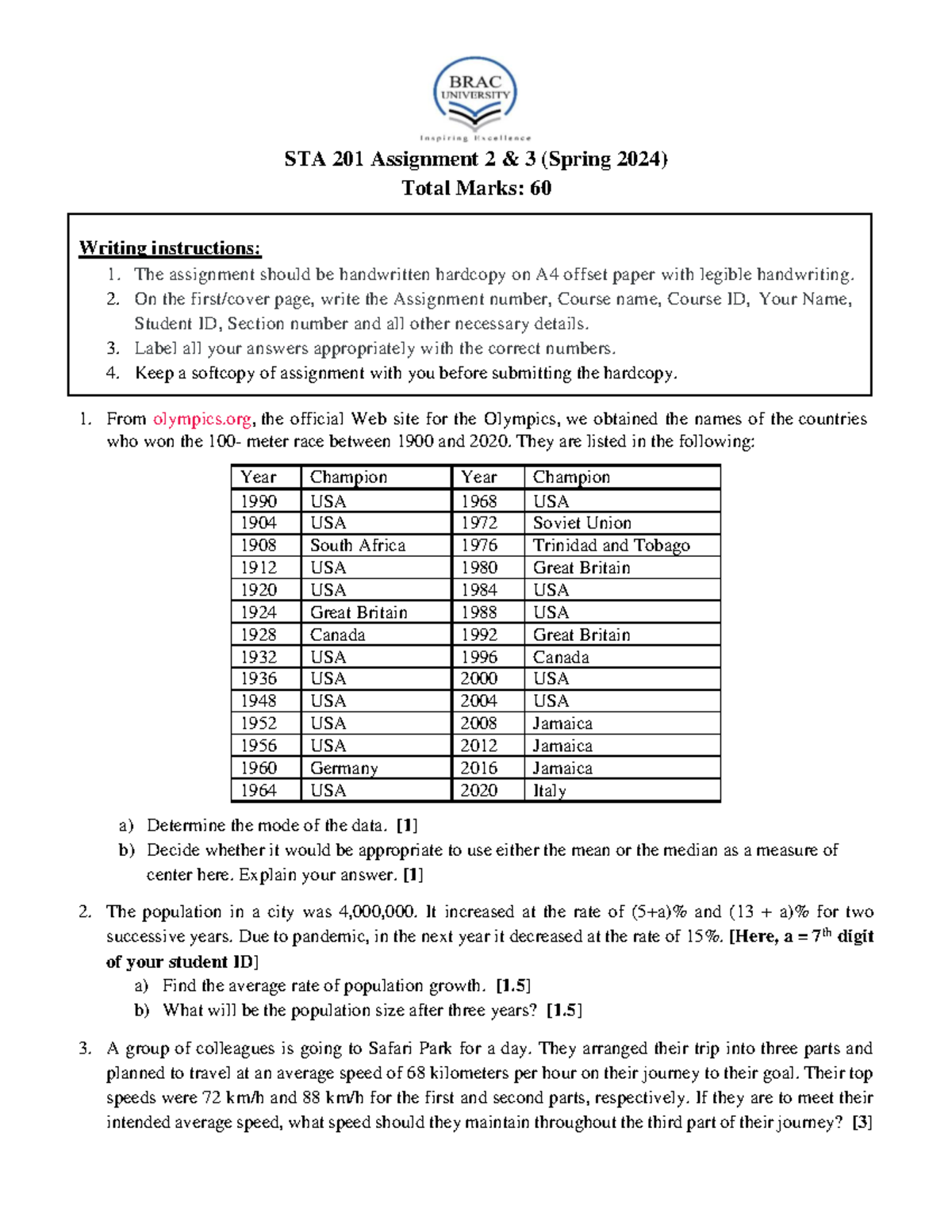 STA 201 Assignment 2 - 3 - Variance standard deviation probability ...