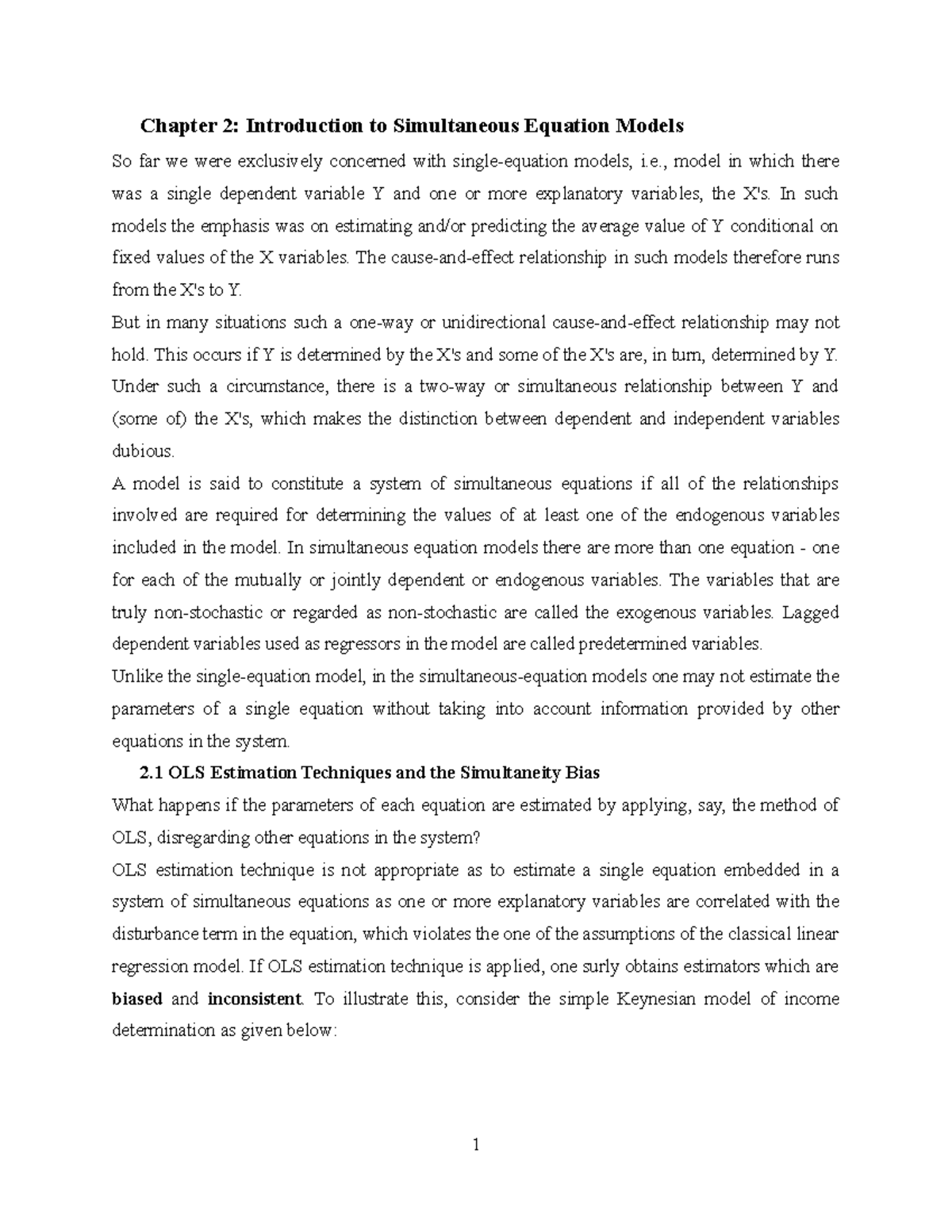 Chapter 2 simultaneous equation models new - Chapter 2: Introduction to ...