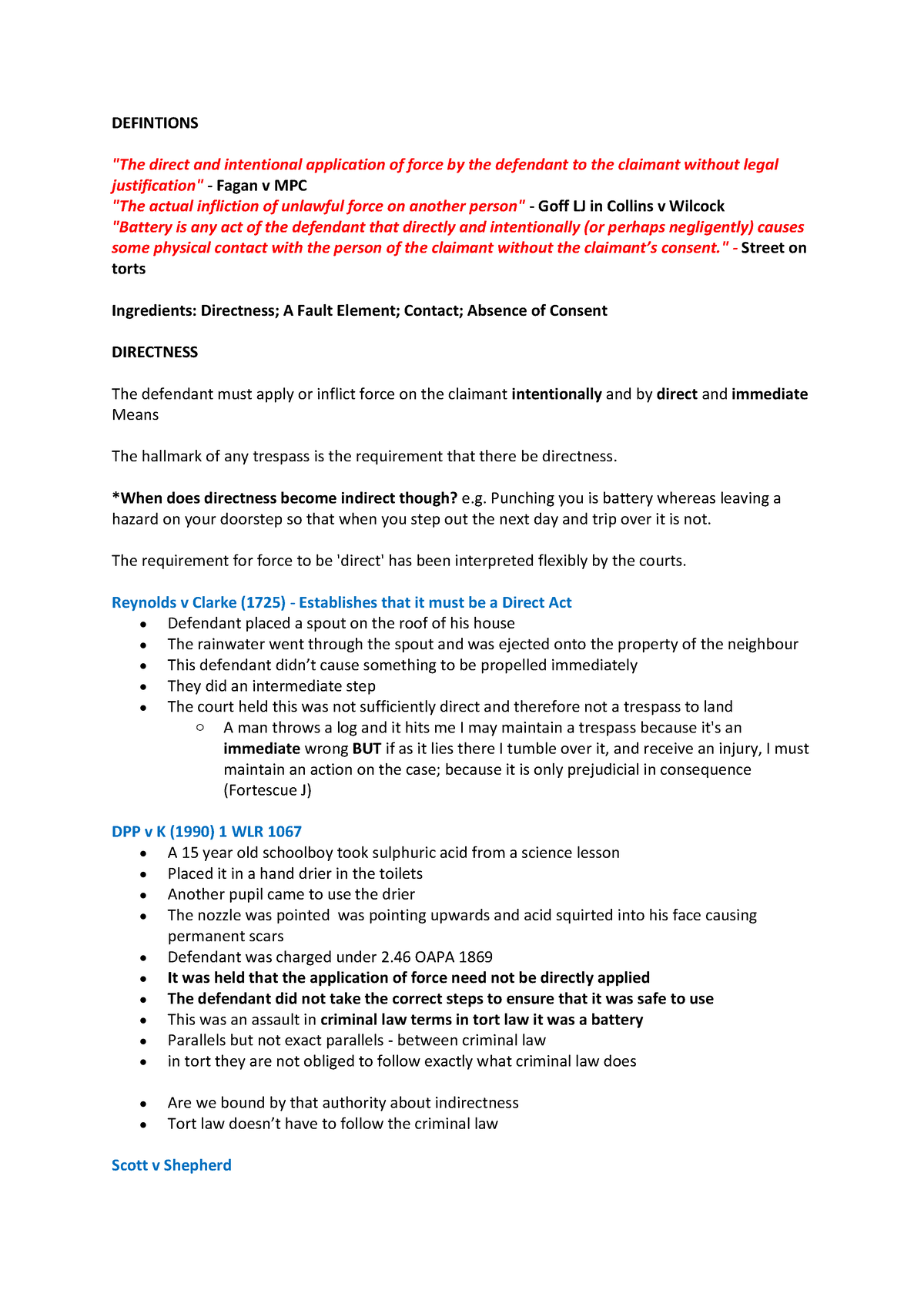 Intentional Torts - Battery - DEFINTIONS 