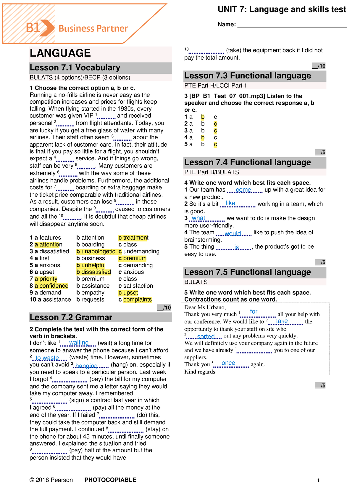 BP B1 Tests Unit7 - © 201 8 Pearson PHOTOCOPIABLE 1 UNIT 7: Language ...