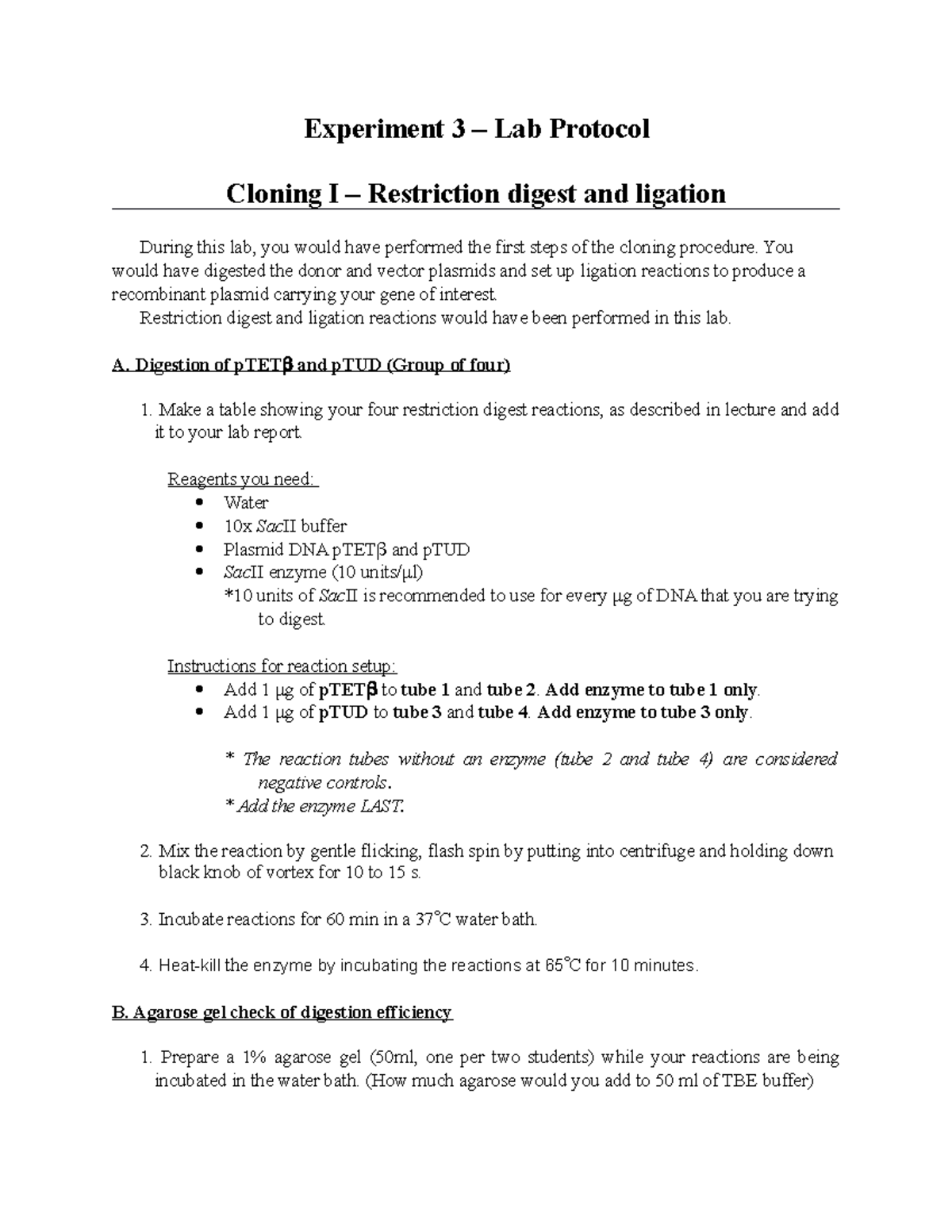 Lab Protocol Cloning I Restriction Digest and Ligation Studocu