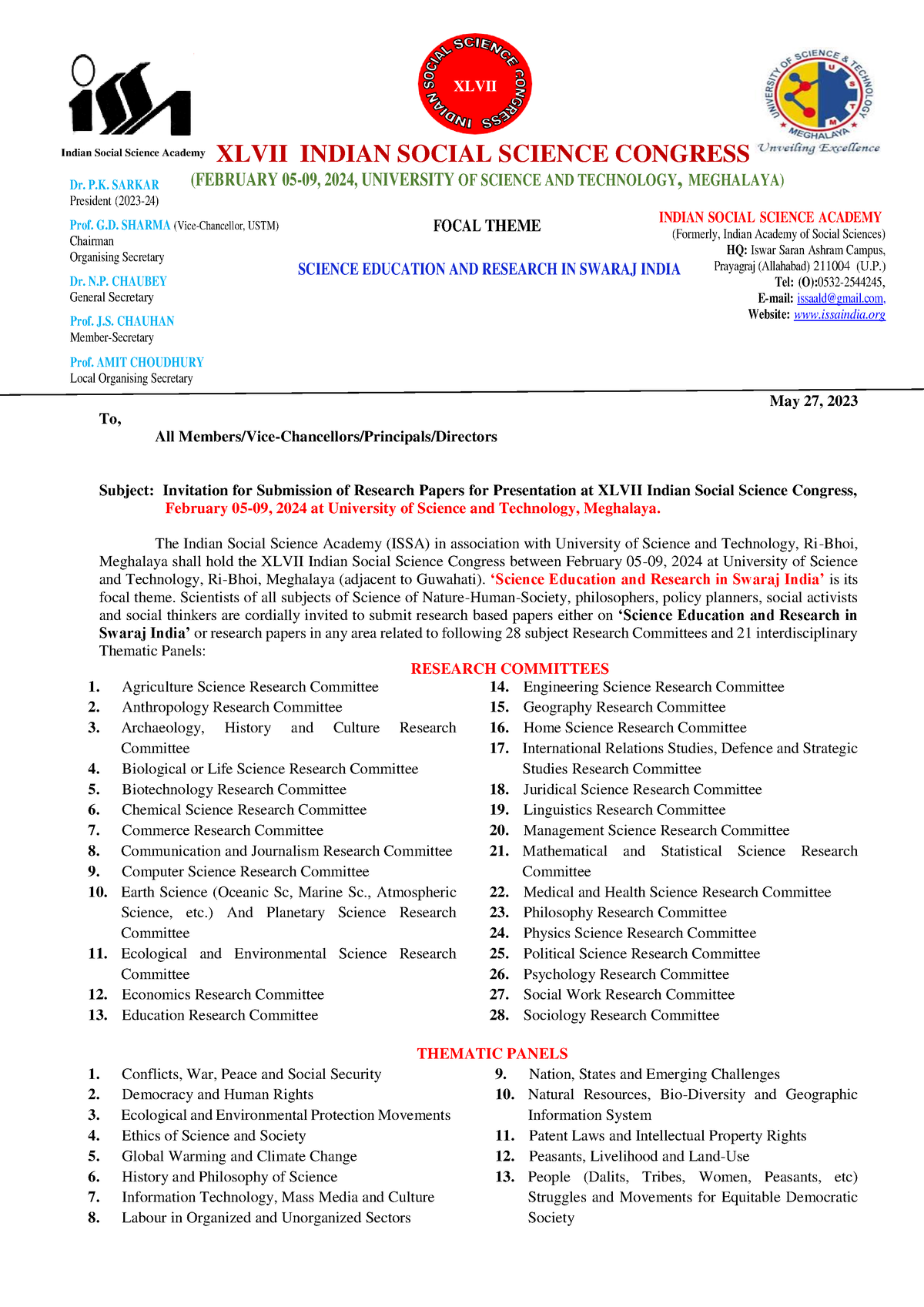 First Announcement (ISSC2024) INDIAN SOCIAL SCIENCE ACADEMY