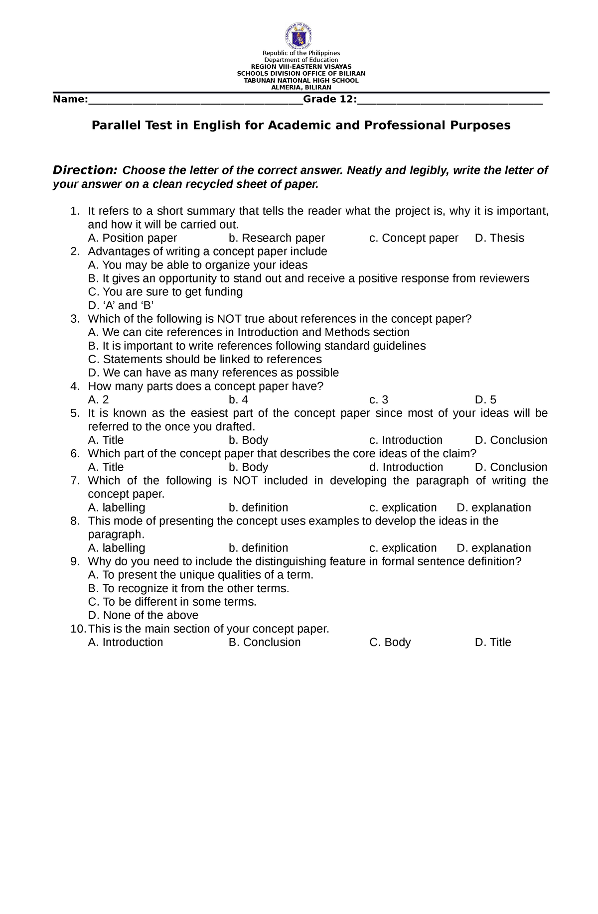 Concept paper post test - Republic of the Philippines Department of ...