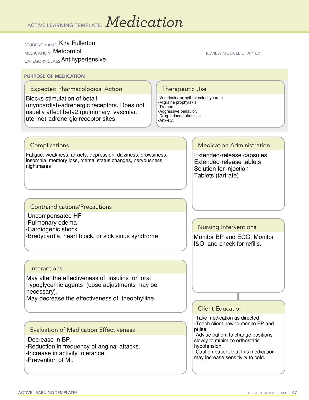 MED Metoprolol ATI medications sheet ACTIVE LEARNING TEMPLATES