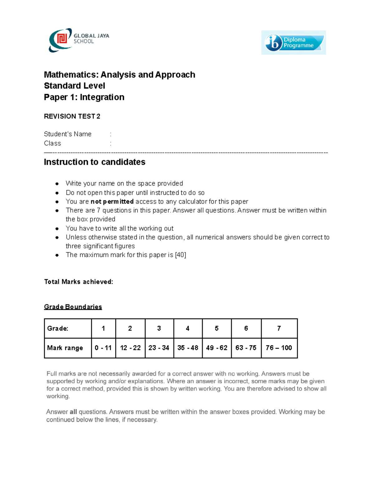 Revision Test 2 Y12 Maa Sl Integration Mathematics Analysis And Approach Standard Level Paper Revision Test 2 Y12 Maa Sl Integration Mathematics Analysis And Approach Standard Level Paper