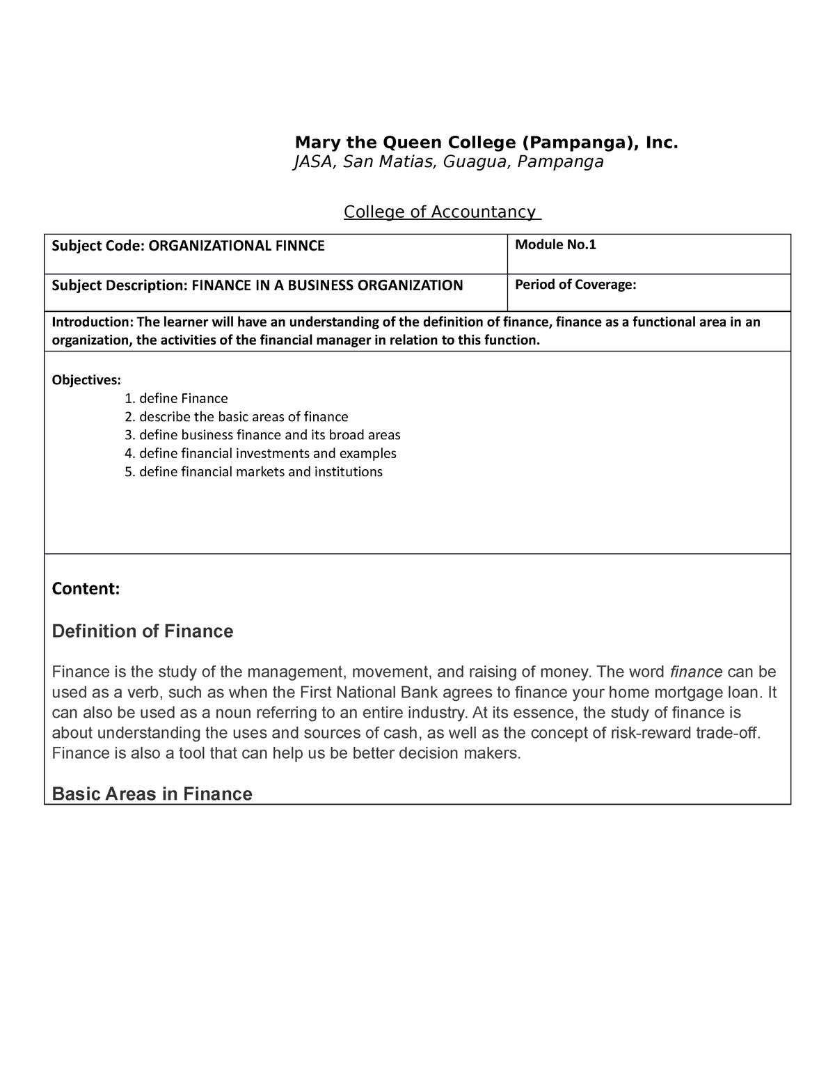 Organizational Finance Module 1 - Studocu