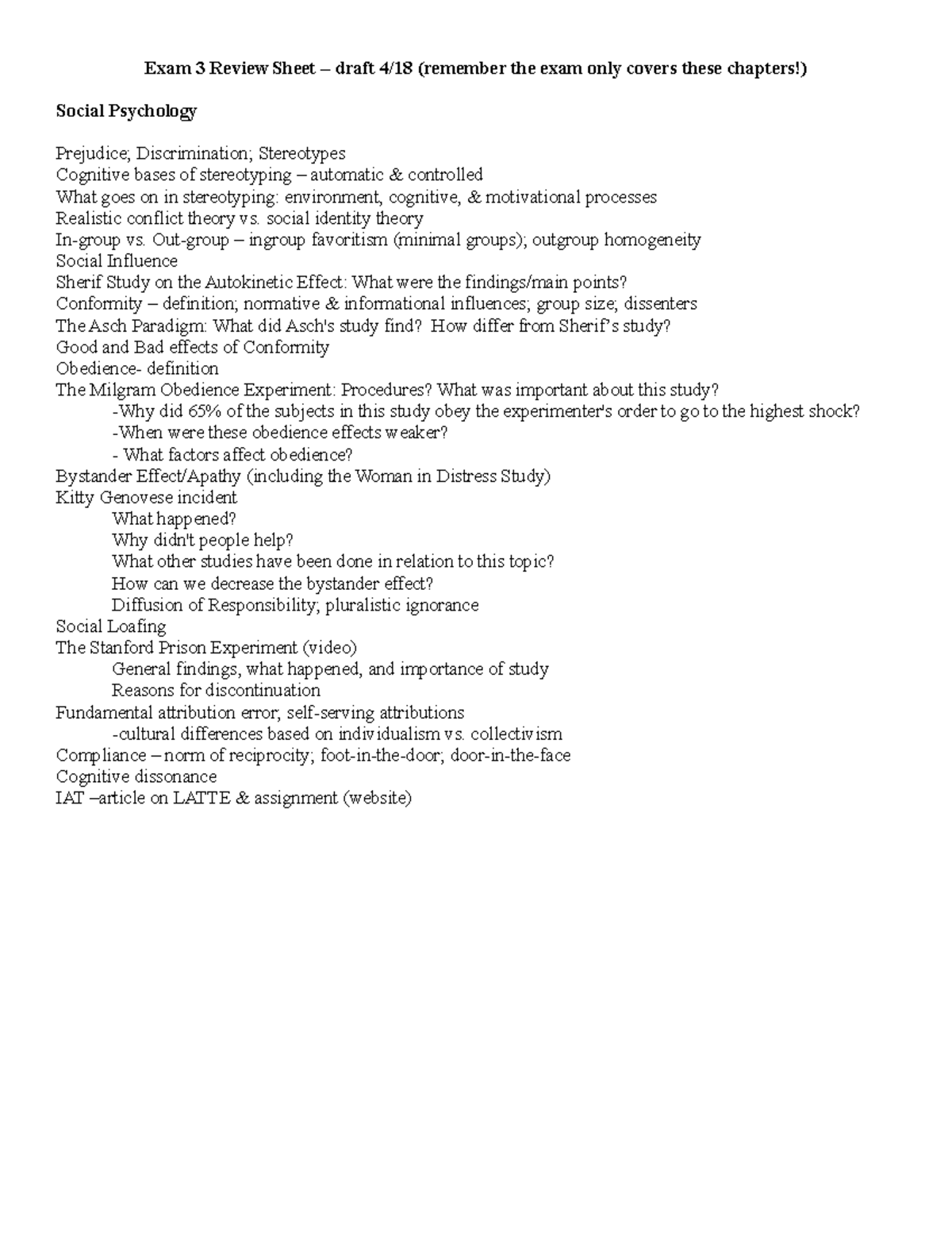 Review sheet exam3 - Exam 3 Review Sheet draft (remember the exam only ...
