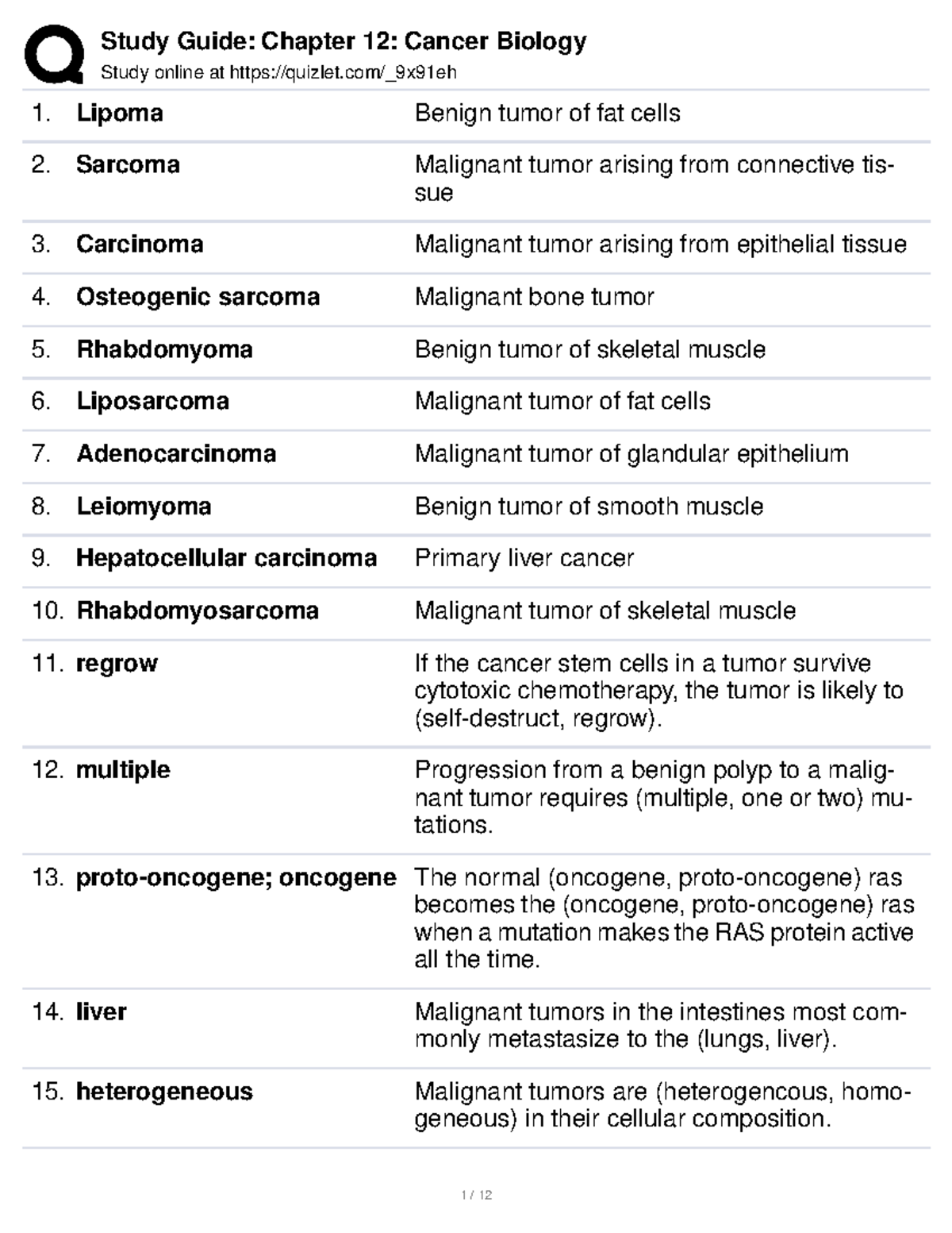 Chapter 12 - Cancer Biology - Study online at quizlet/_9x91eh Lipoma ...