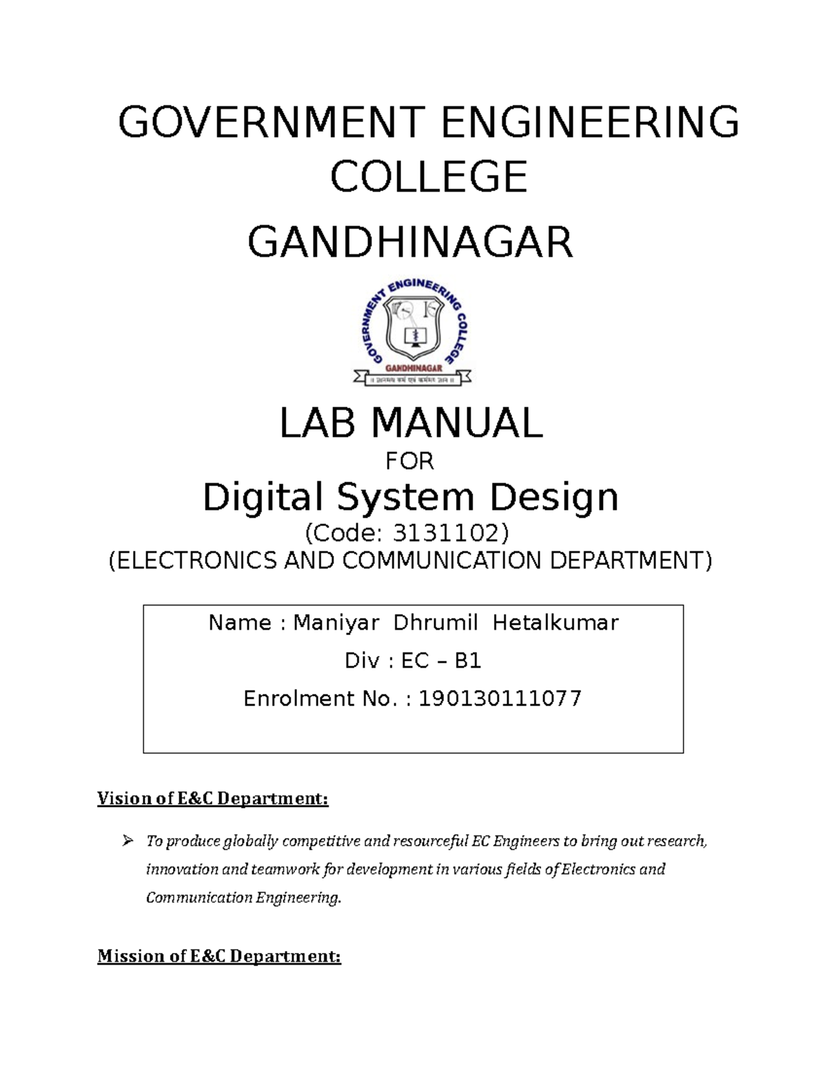 190130111077 B1 DSD LAB Manual - GOVERNMENT ENGINEERING COLLEGE ...